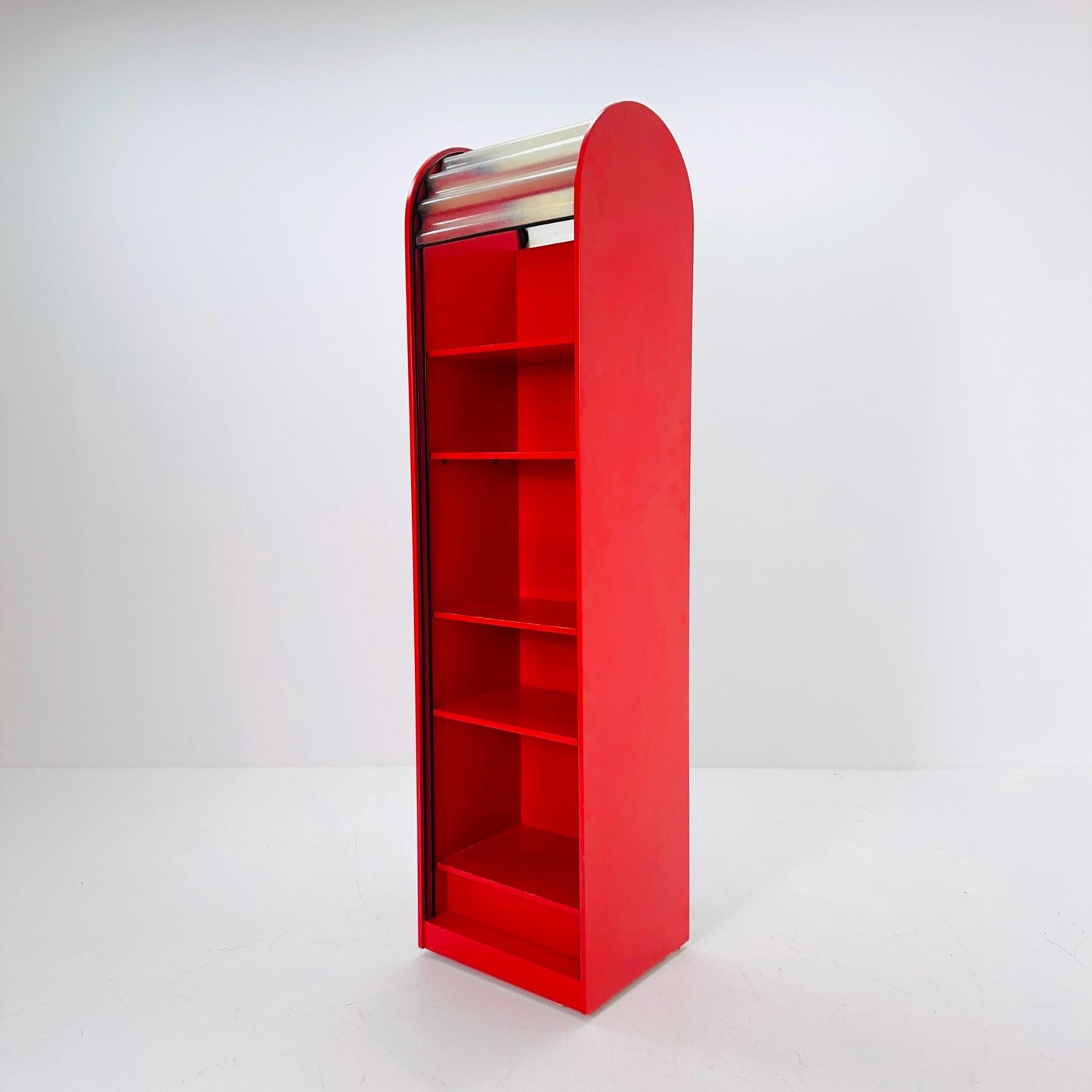 Rare Klaus Vogt Cabinet for Thut Möbel — Swiss Minimalist Space Age Design — Red Plywood Storage Cabinet with Scobalit Roller Door 1970s