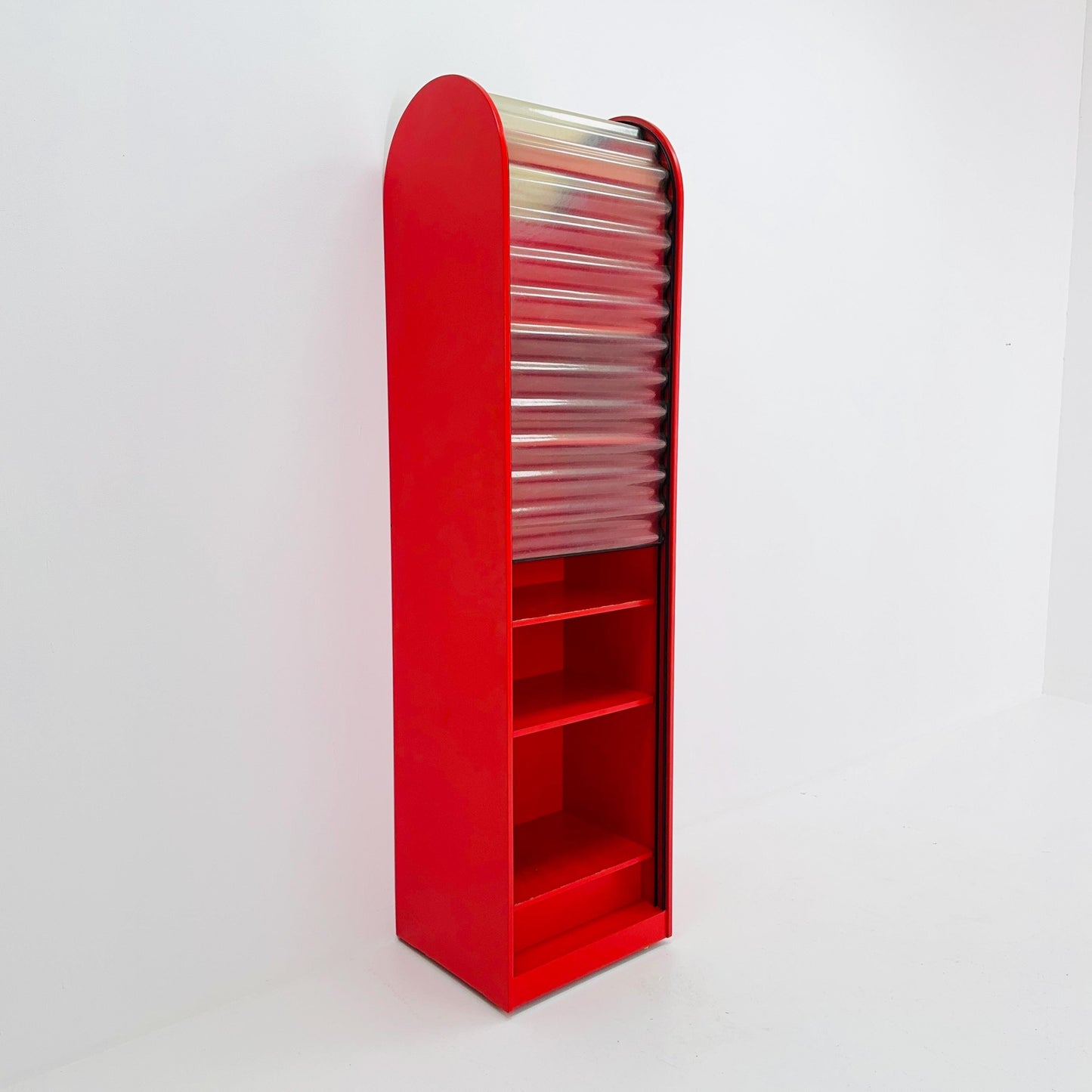 Rare Klaus Vogt Cabinet for Thut Möbel — Swiss Minimalist Space Age Design — Red Plywood Storage Cabinet with Scobalit Roller Door 1970s