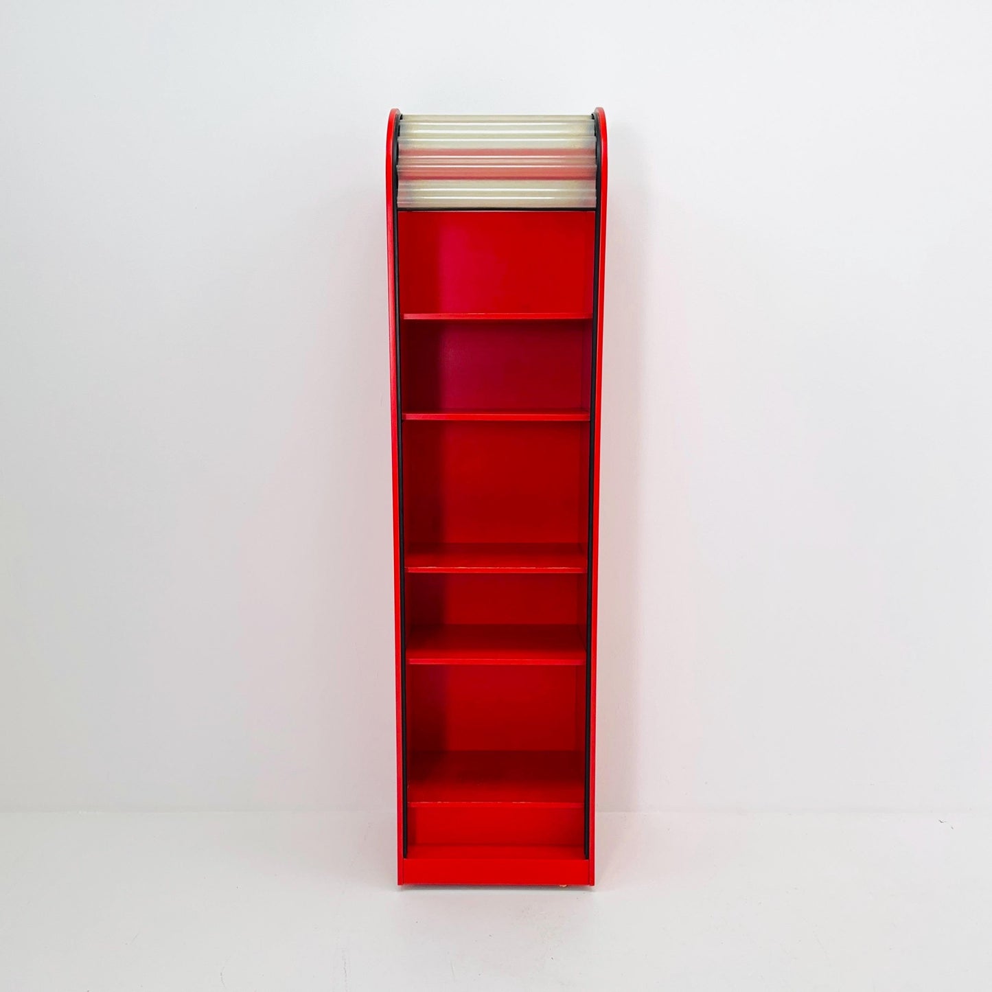 Rare Klaus Vogt Cabinet for Thut Möbel — Swiss Minimalist Space Age Design — Red Plywood Storage Cabinet with Scobalit Roller Door 1970s