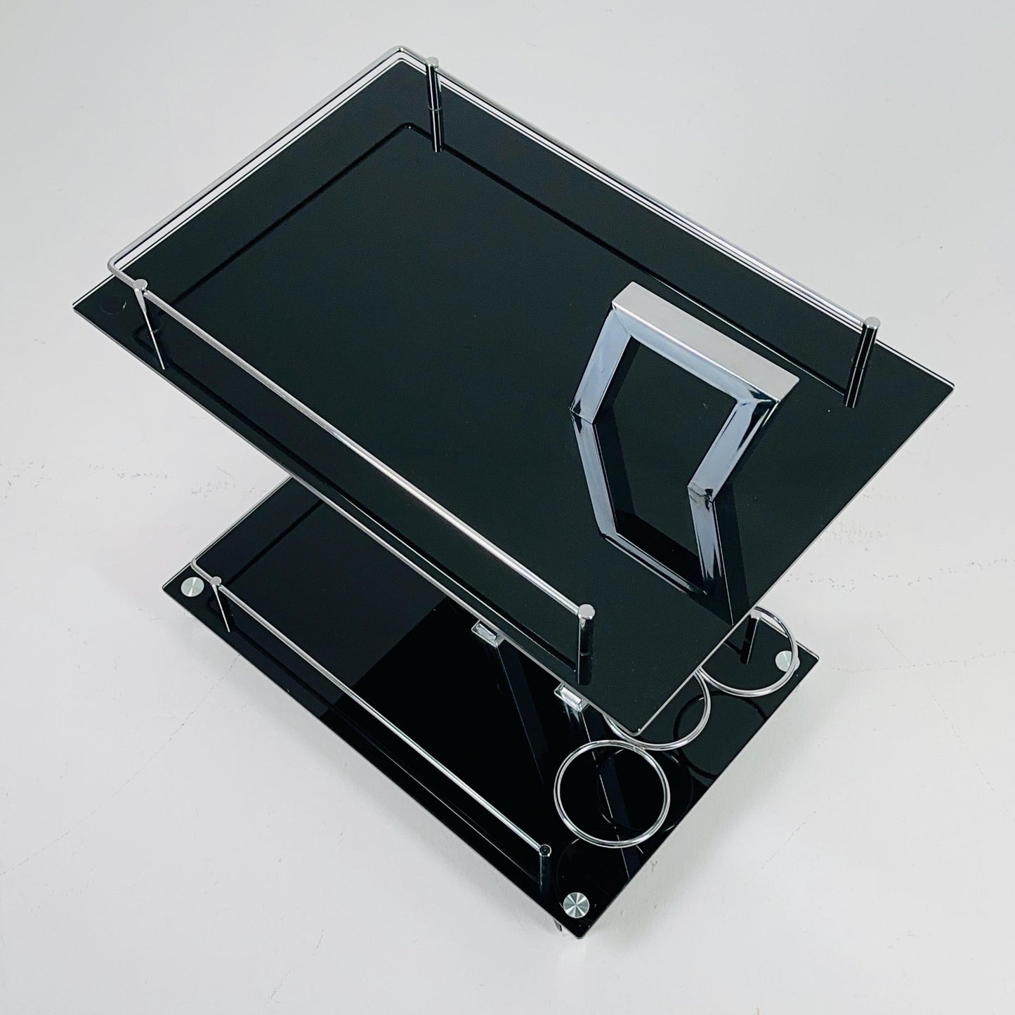 Mid century Italian Bar Cart – Black Glass & Chrome Serving Trolly, 1970s