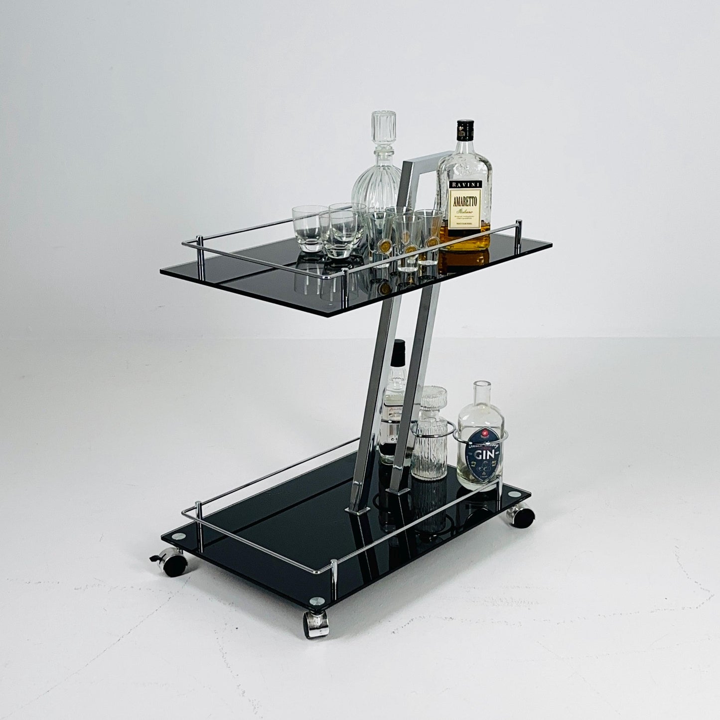 Mid century Italian Bar Cart – Black Glass & Chrome Serving Trolly, 1970s