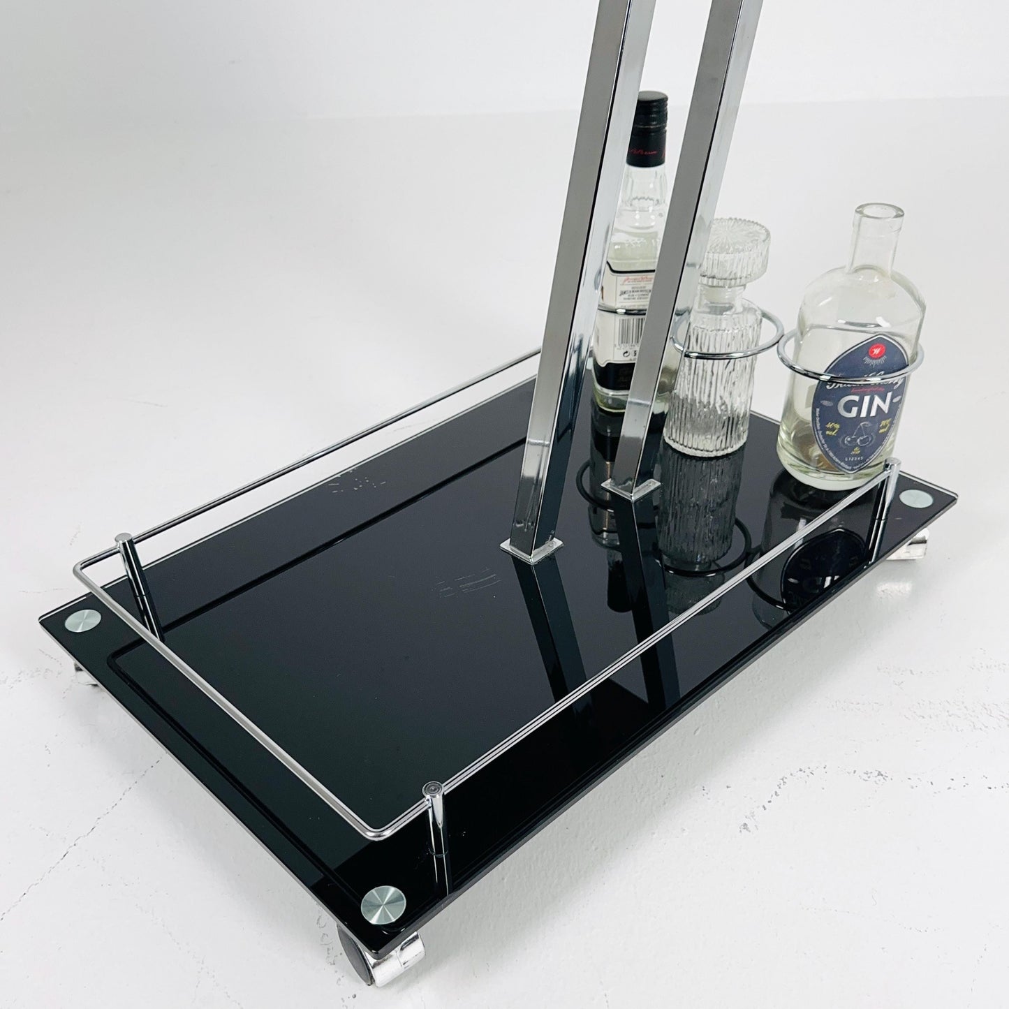 Mid century Italian Bar Cart – Black Glass & Chrome Serving Trolly, 1970s