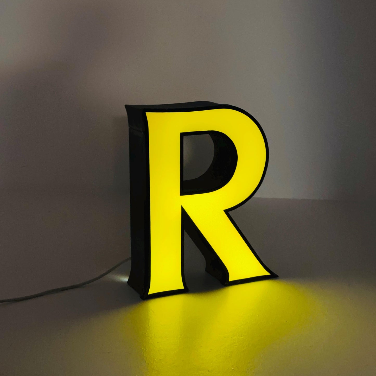 Mid century Large Illuminated Letter “R” – Yellow Plexiglass & Metal Sign Germany 1980s