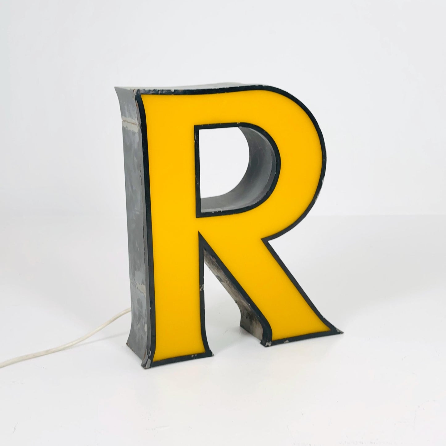 Mid century Large Illuminated Letter “R” – Yellow Plexiglass & Metal Sign Germany 1980s