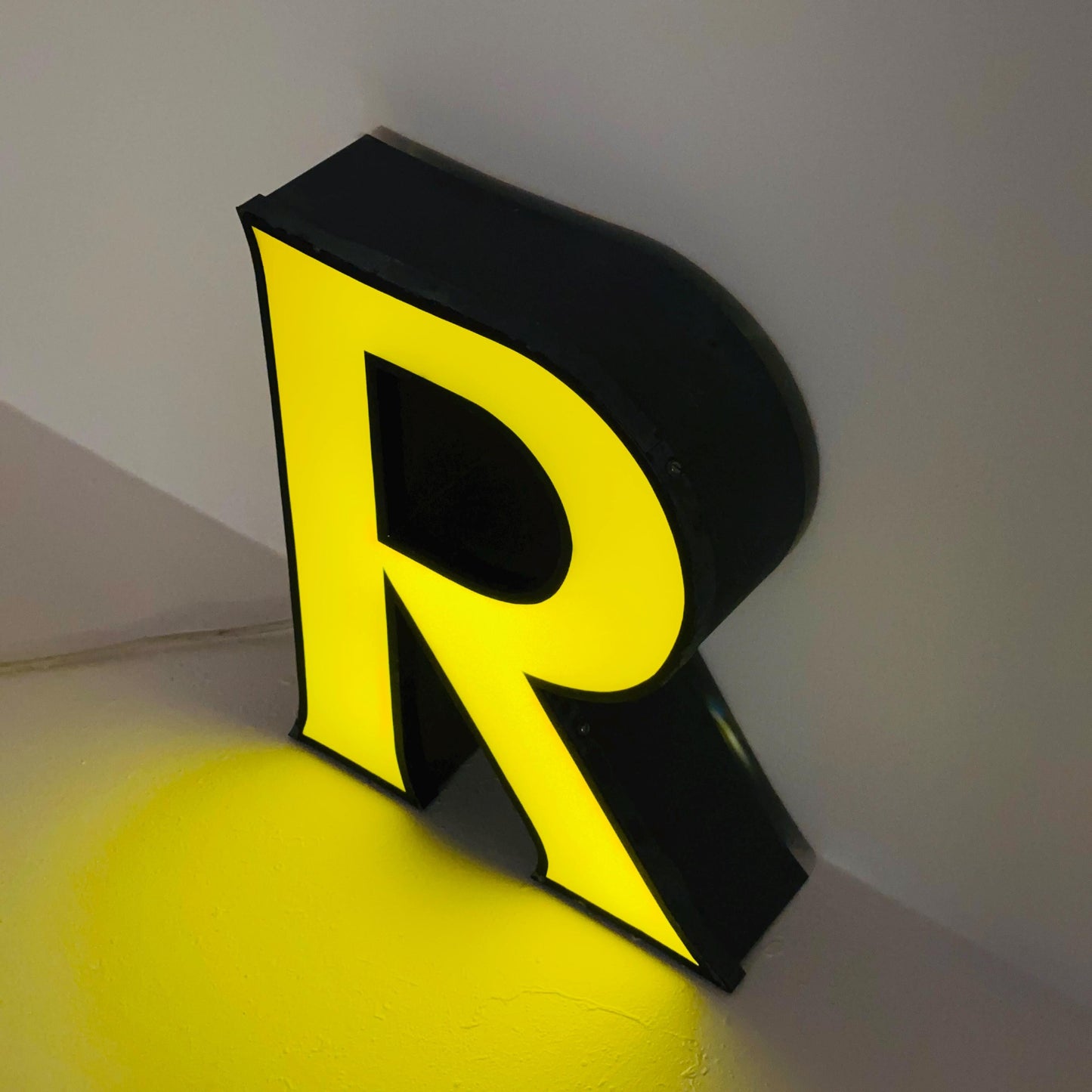 Mid century Large Illuminated Letter “R” – Yellow Plexiglass & Metal Sign Germany 1980s