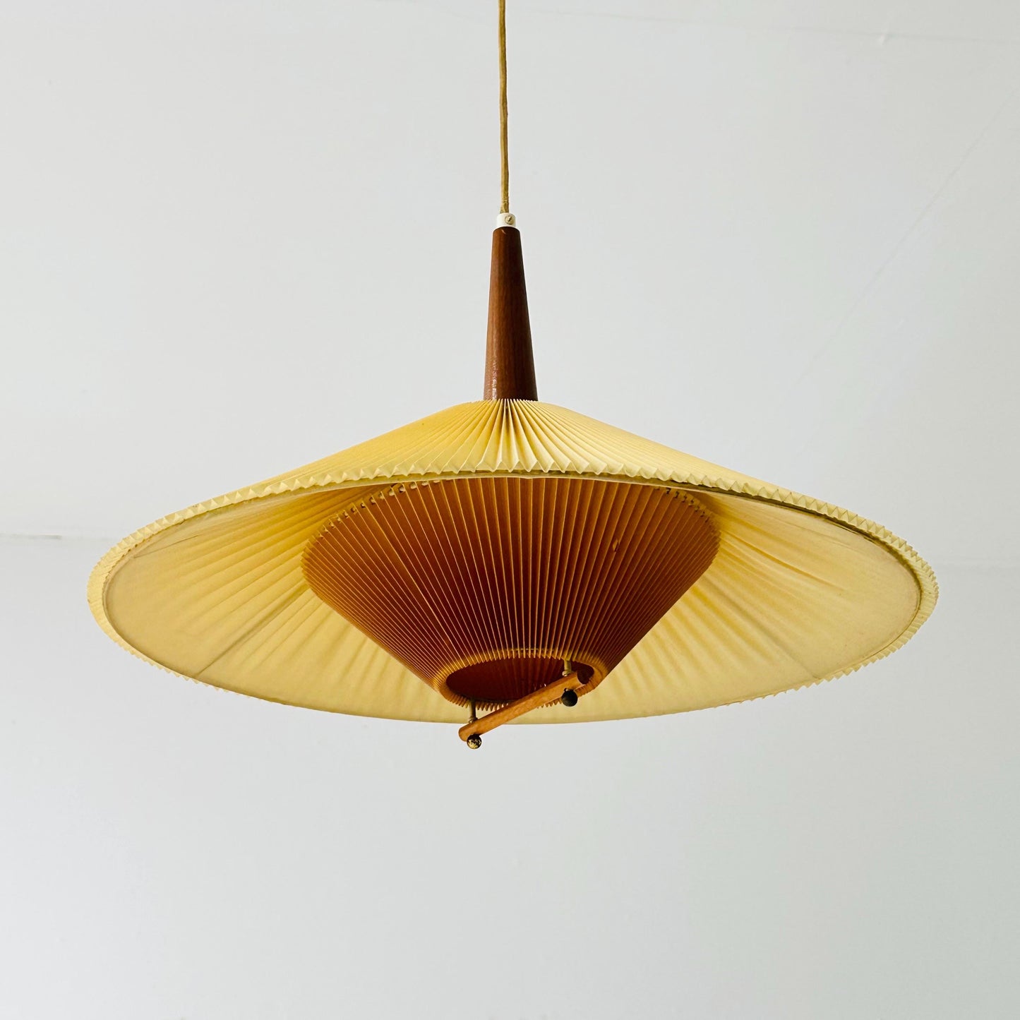 Danish Mid-Century Pendant Lamp | Teak & Pleated Fabric | Adjustable Height 1960s