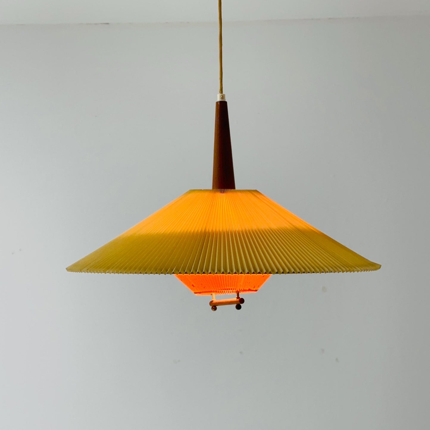 Danish Mid-Century Pendant Lamp | Teak & Pleated Fabric | Adjustable Height 1960s