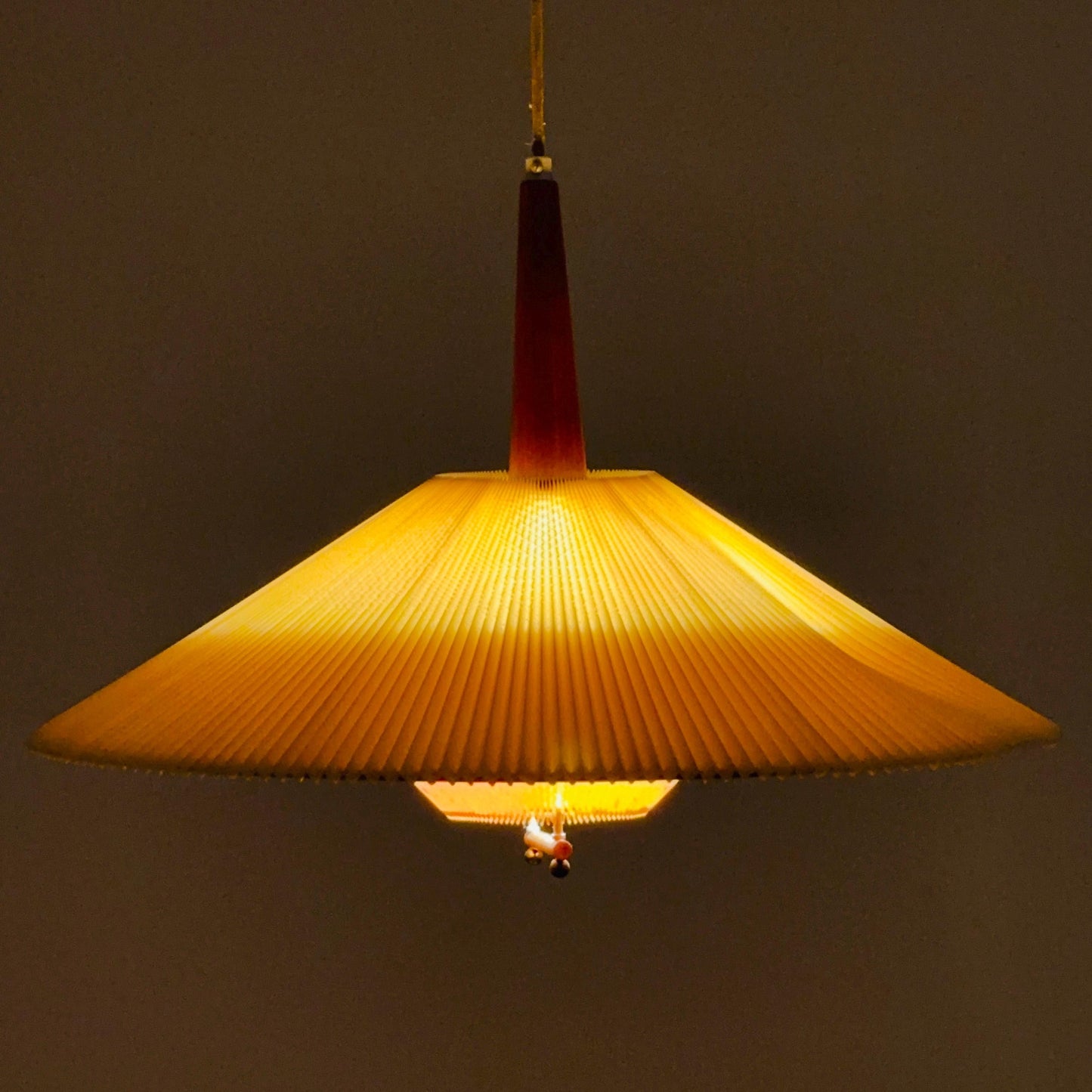 Danish Mid-Century Pendant Lamp | Teak & Pleated Fabric | Adjustable Height 1960s
