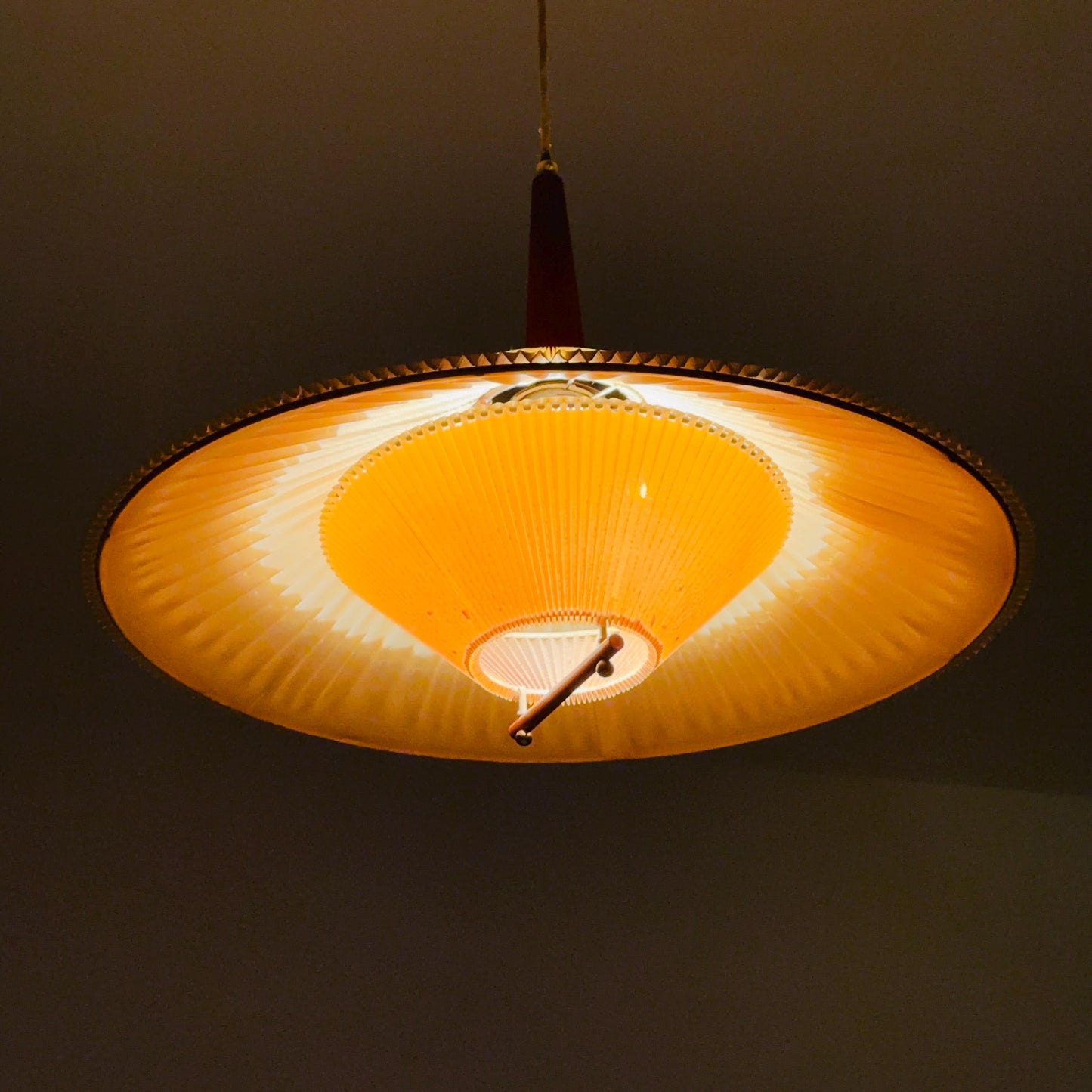 Danish Mid-Century Pendant Lamp | Teak & Pleated Fabric | Adjustable Height 1960s