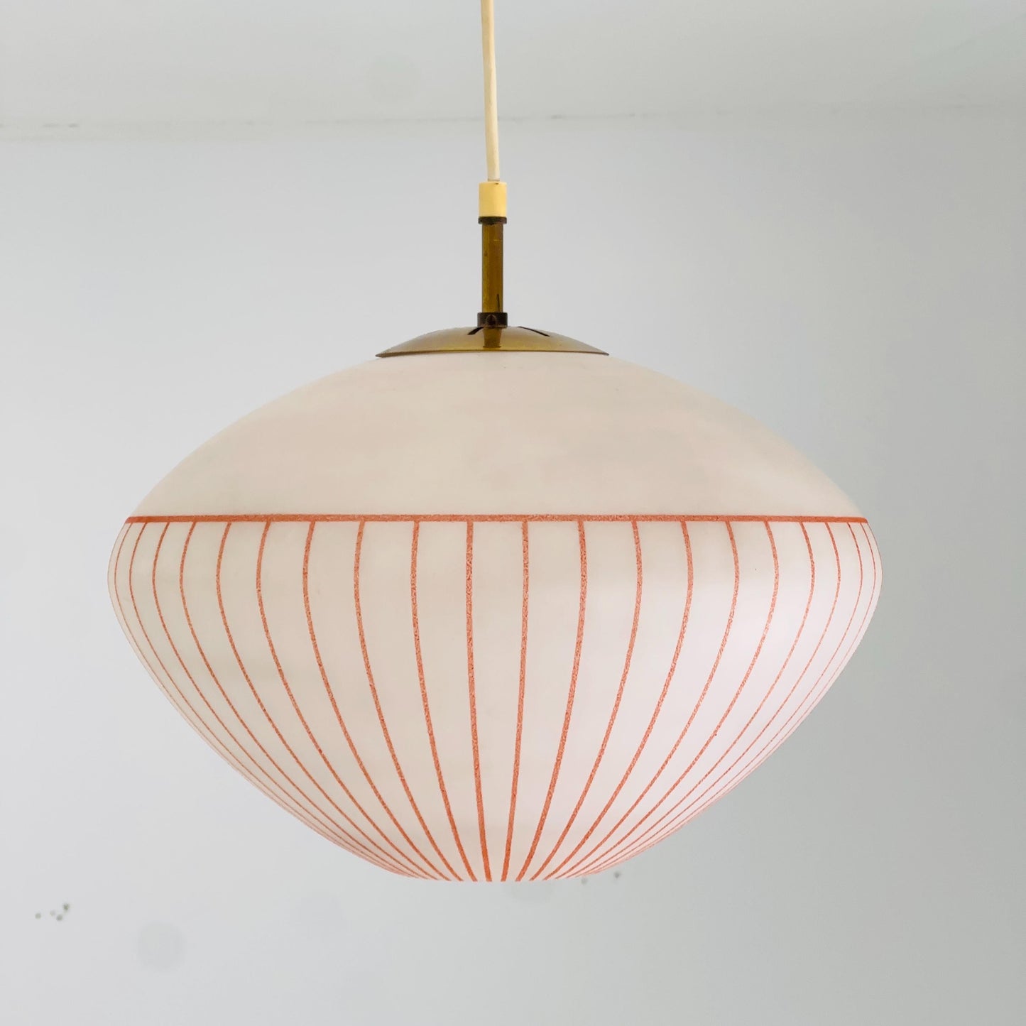 Mid century Hanging Glass Lamp, white milk glass and Red Stripes, Germany 1960s