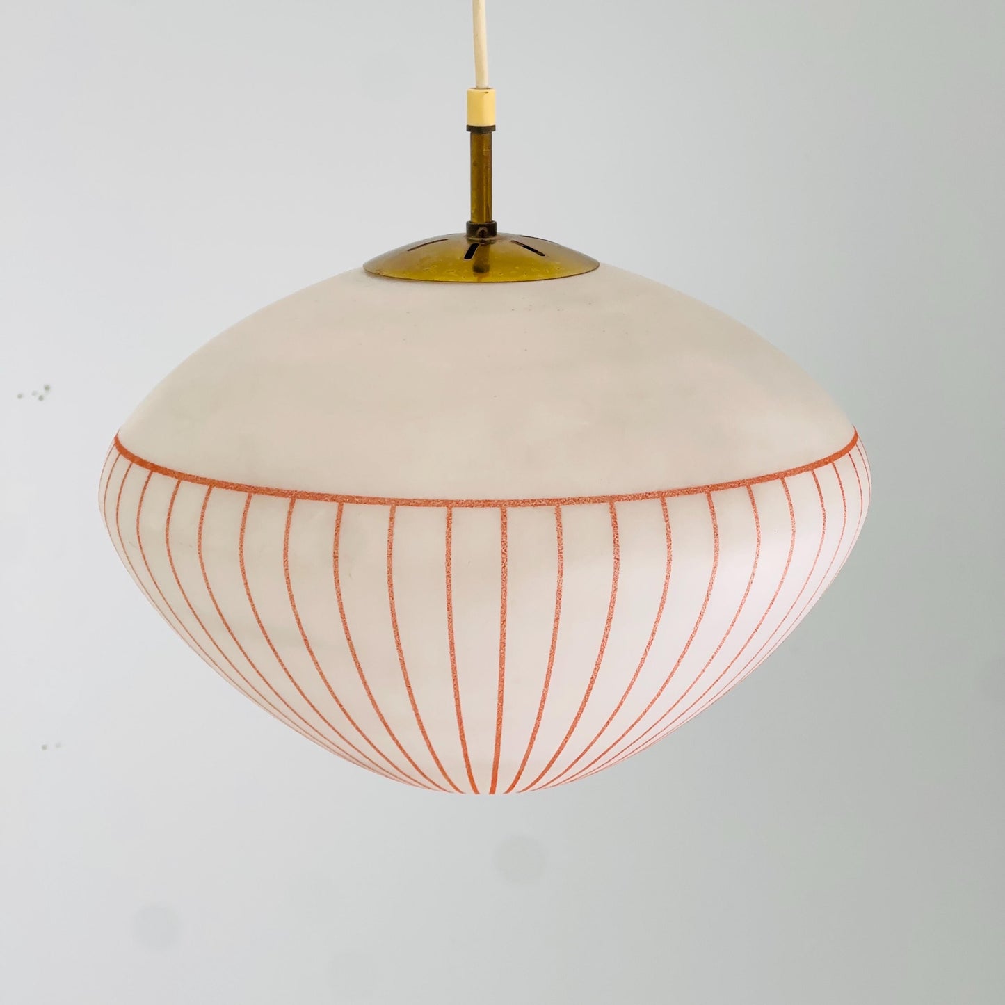 Mid century Hanging Glass Lamp, white milk glass and Red Stripes, Germany 1960s