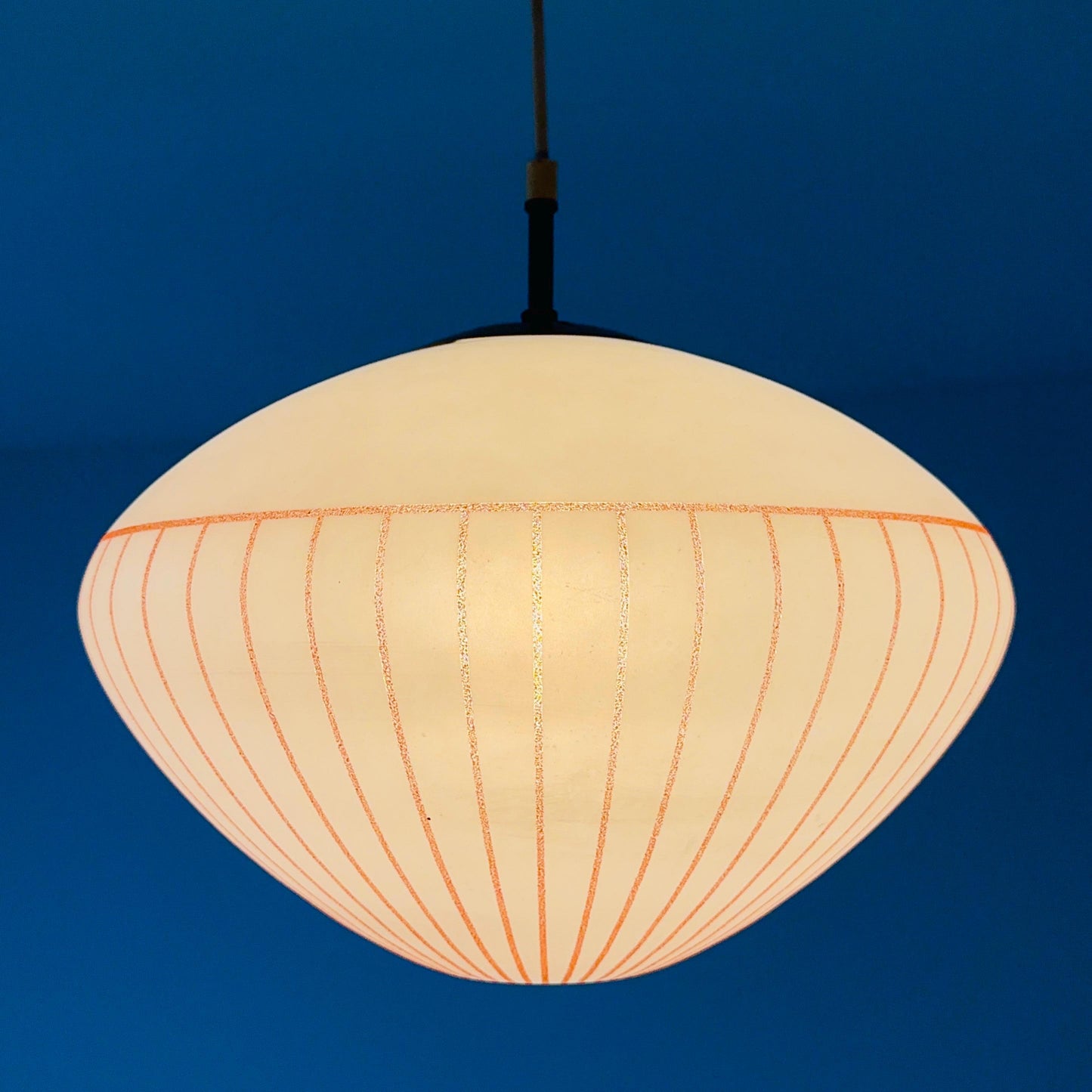 Mid century Hanging Glass Lamp, white milk glass and Red Stripes, Germany 1960s