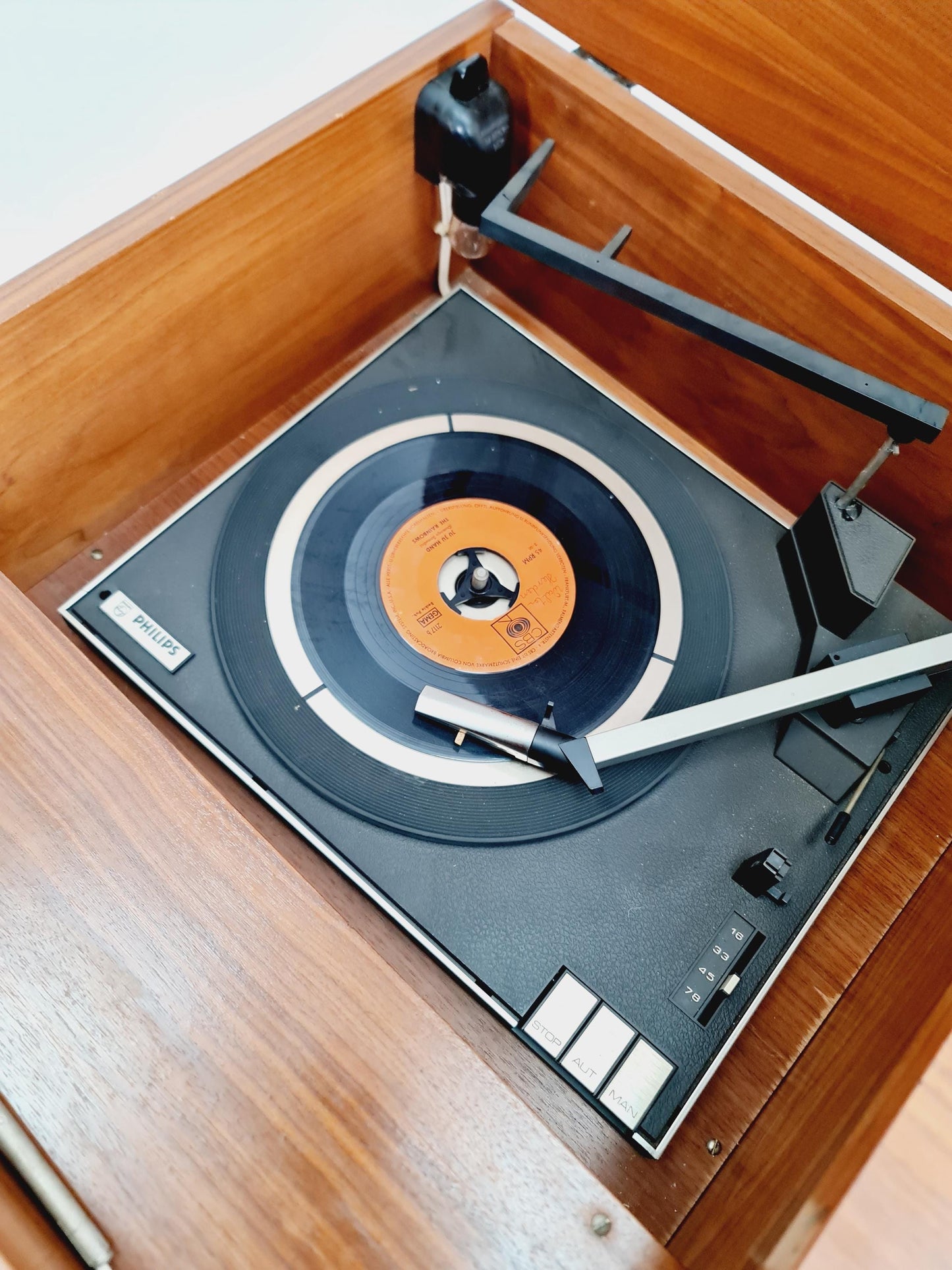 Mid Century Modern scandinavian teak sidboard record player By PHililps , radio bY Rosita