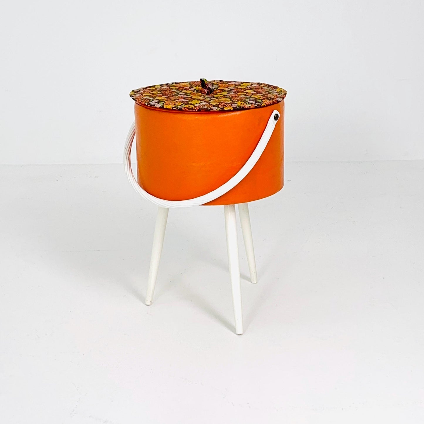 Mid century retro Tangerine Sewing Box Stool – Retro Craft Box with Floral Lid & Tray Germany 1970s