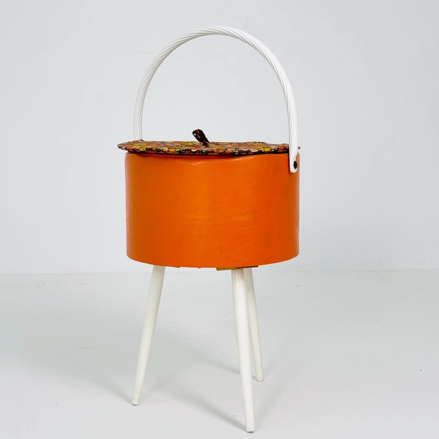 Mid century retro Tangerine Sewing Box Stool – Retro Craft Box with Floral Lid & Tray Germany 1970s