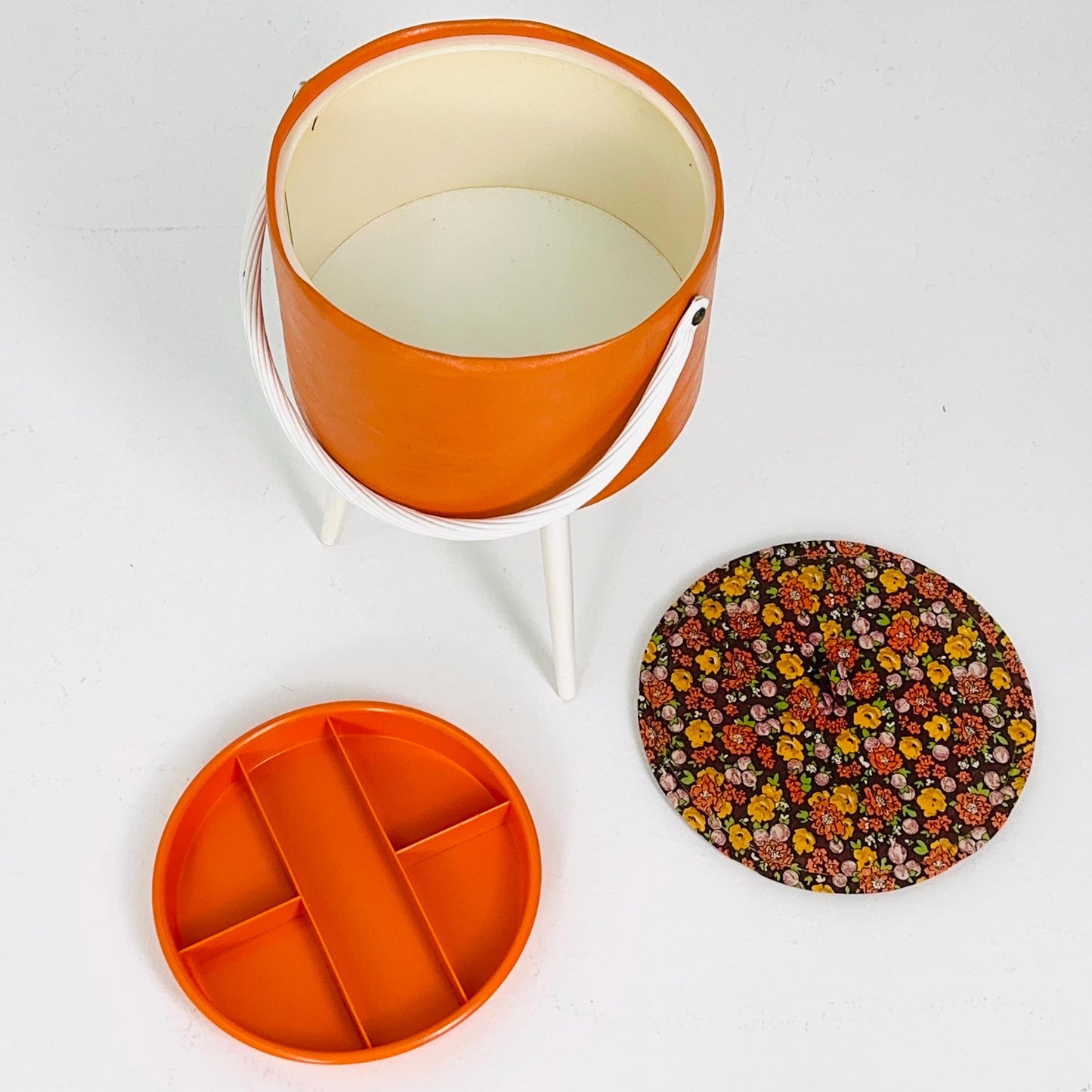 Mid century retro Tangerine Sewing Box Stool – Retro Craft Box with Floral Lid & Tray Germany 1970s