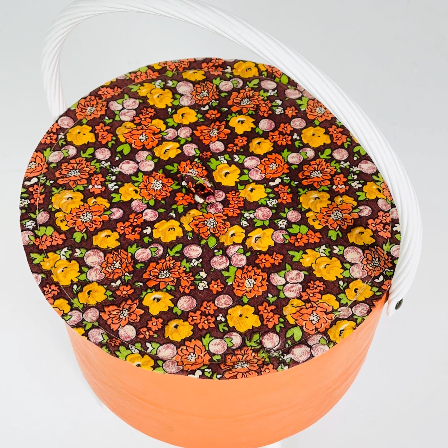 Mid century retro Tangerine Sewing Box Stool – Retro Craft Box with Floral Lid & Tray Germany 1970s