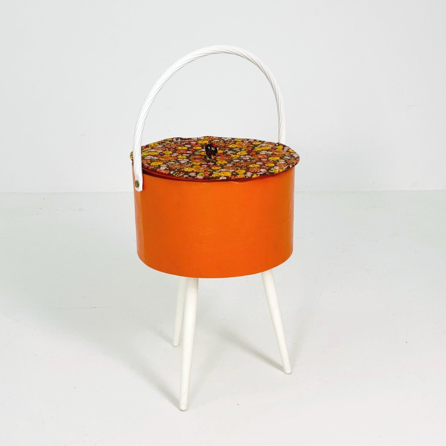 Mid century retro Tangerine Sewing Box Stool – Retro Craft Box with Floral Lid & Tray Germany 1970s