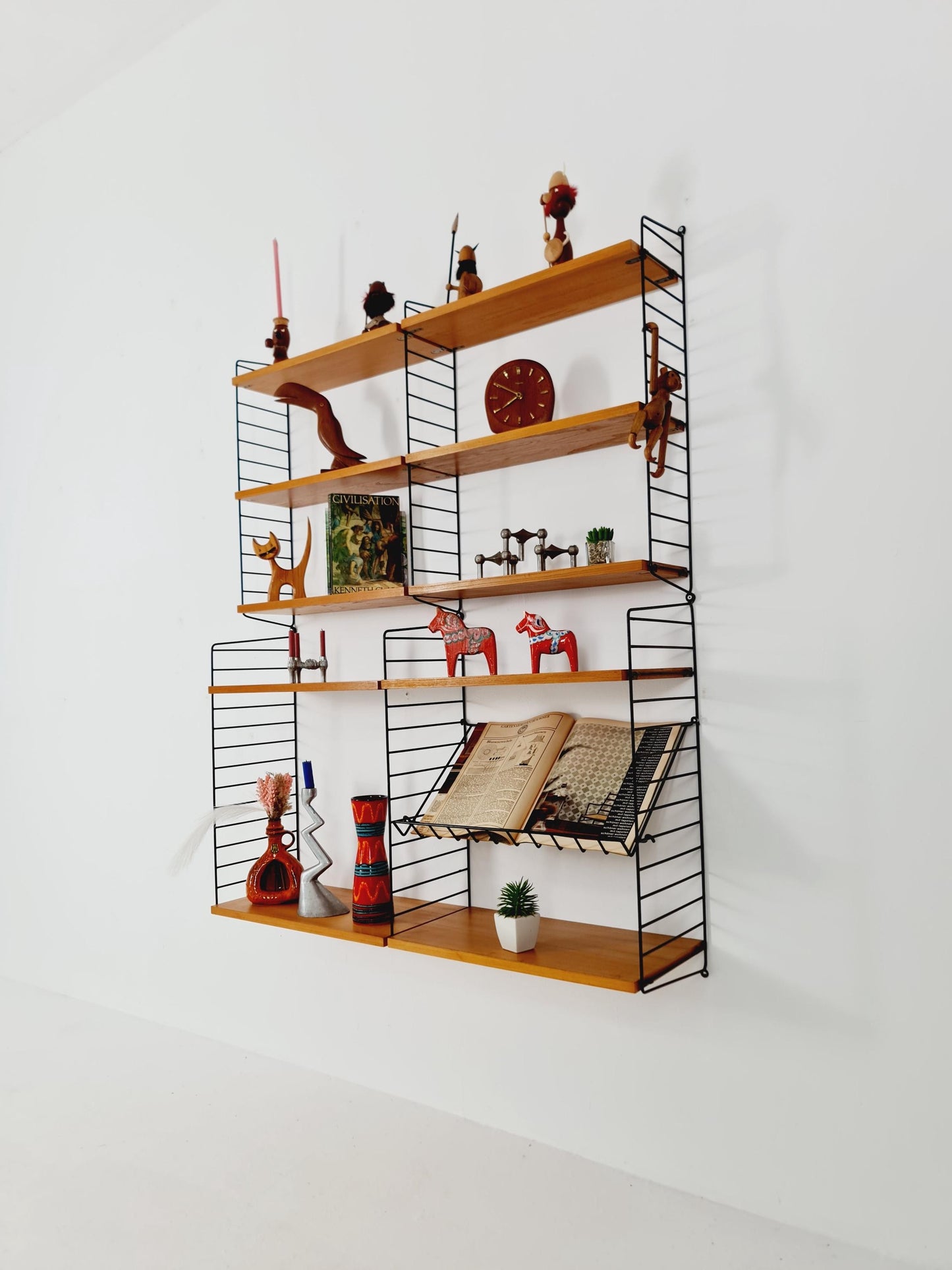 Wall-mounted original Teak Swedish string shelf-system, drawers, bookcase teak by Nils & Kajsa Strinning, 1960s