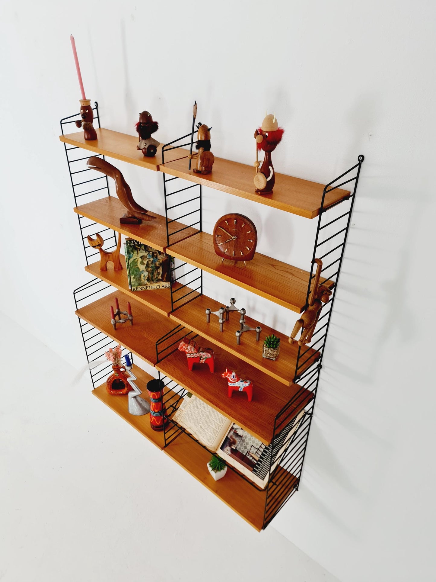 Wall-mounted original Teak Swedish string shelf-system, drawers, bookcase teak by Nils & Kajsa Strinning, 1960s