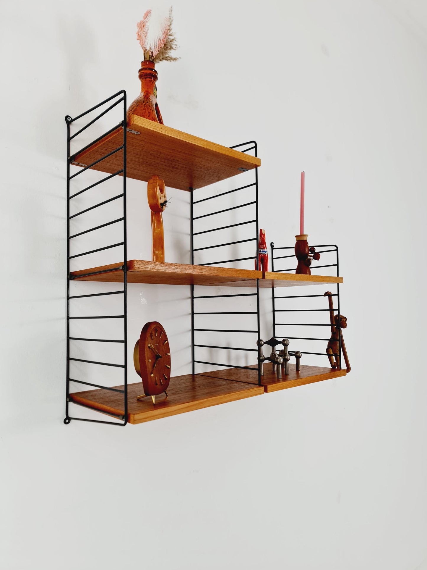 Original MCM Teak shelving system - consists of Black lacquered metal ladders, from string Stockholm 1960s