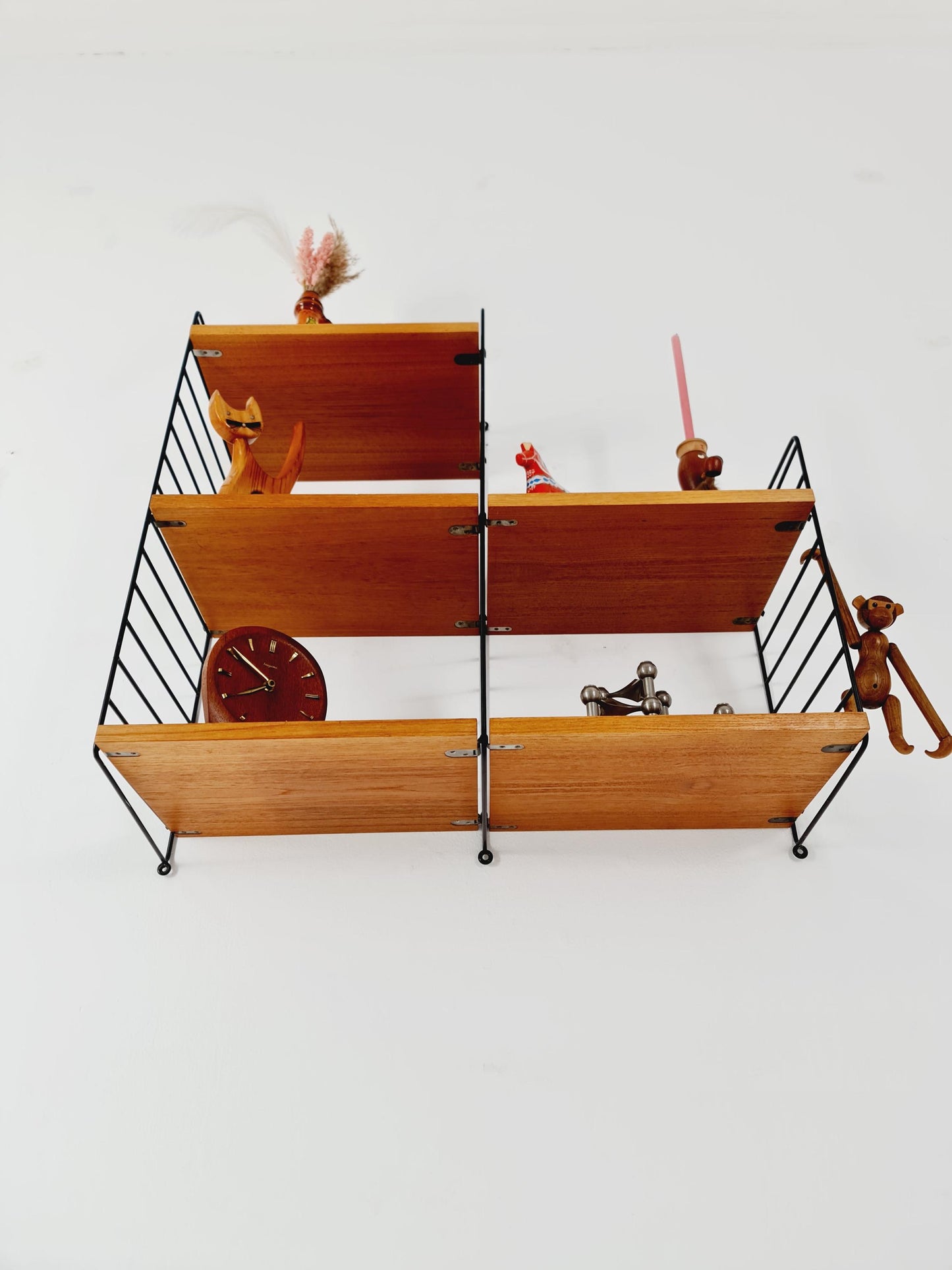 Original MCM Teak shelving system - consists of Black lacquered metal ladders, from string Stockholm 1960s
