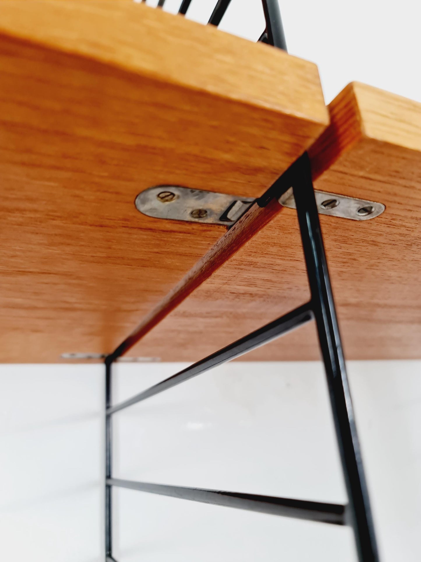 Original MCM Teak shelving system - consists of Black lacquered metal ladders, from string Stockholm 1960s