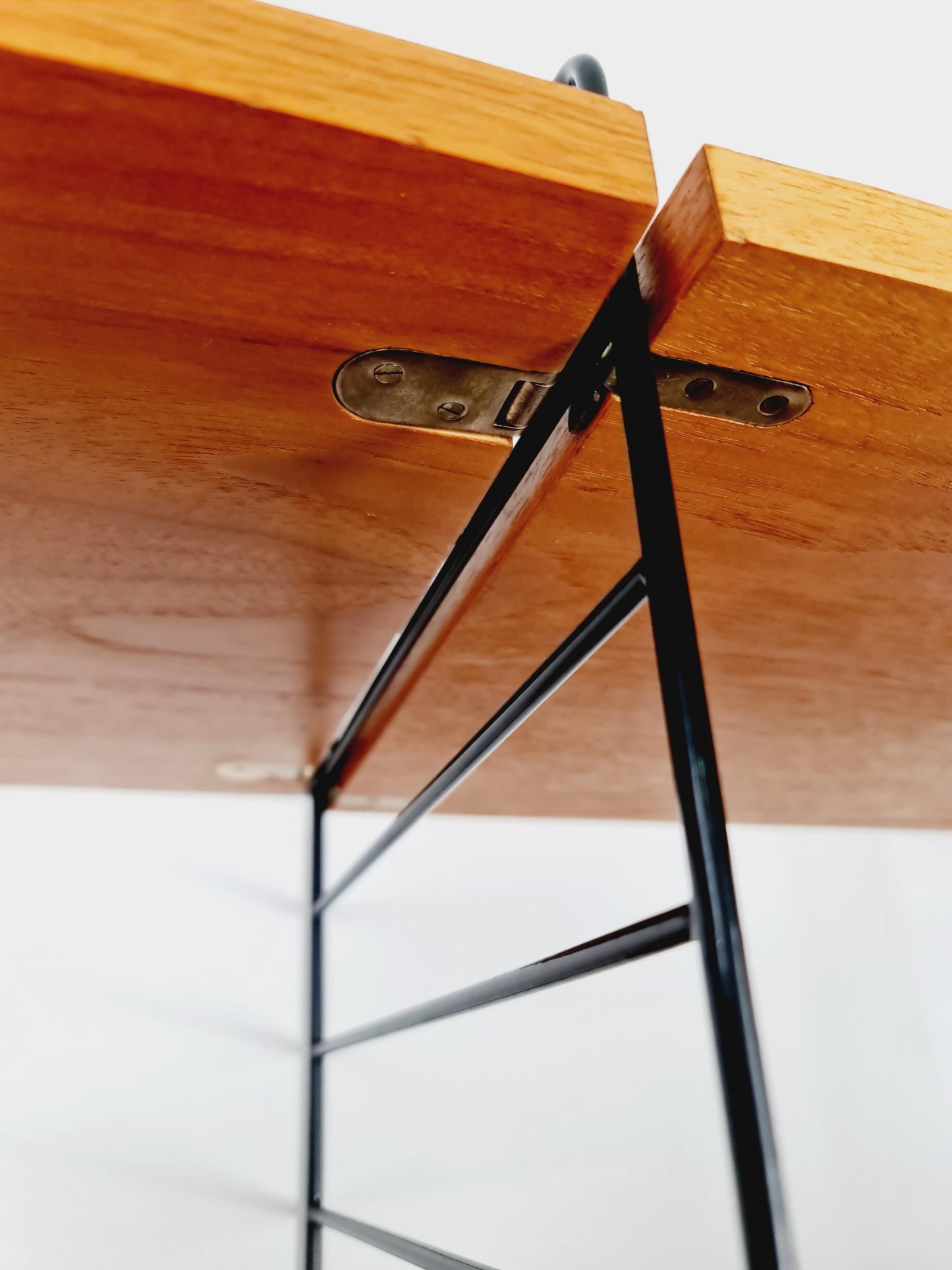 Original MCM Teak shelving system - consists of Black lacquered metal ladders, from string Stockholm 1960s