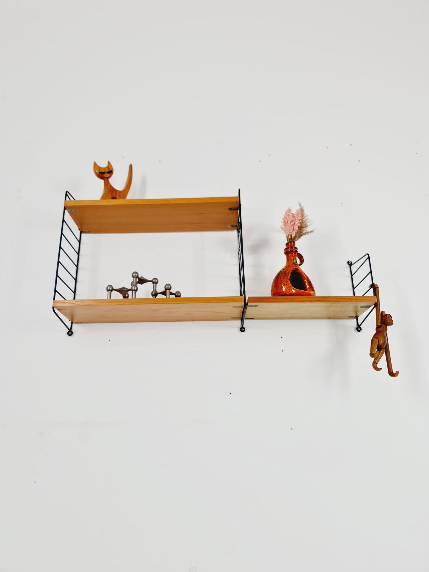 Original MCM Ash shelving system - consists of Black lacquered metal ladders, from string Stockholm 1960s