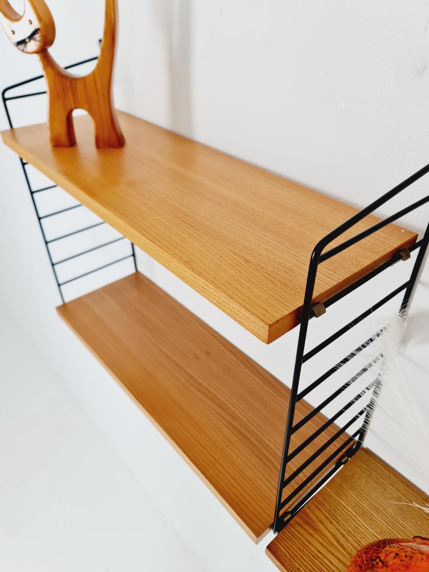 Original MCM Ash shelving system - consists of Black lacquered metal ladders, from string Stockholm 1960s