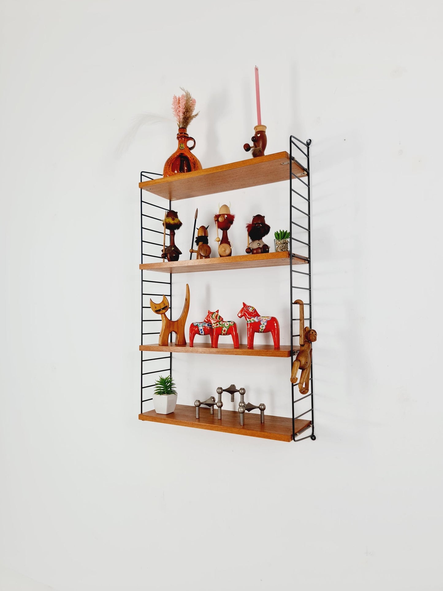 Original MCM Teak shelving system - consists of Black lacquered metal ladders, from string Stockholm 1960s