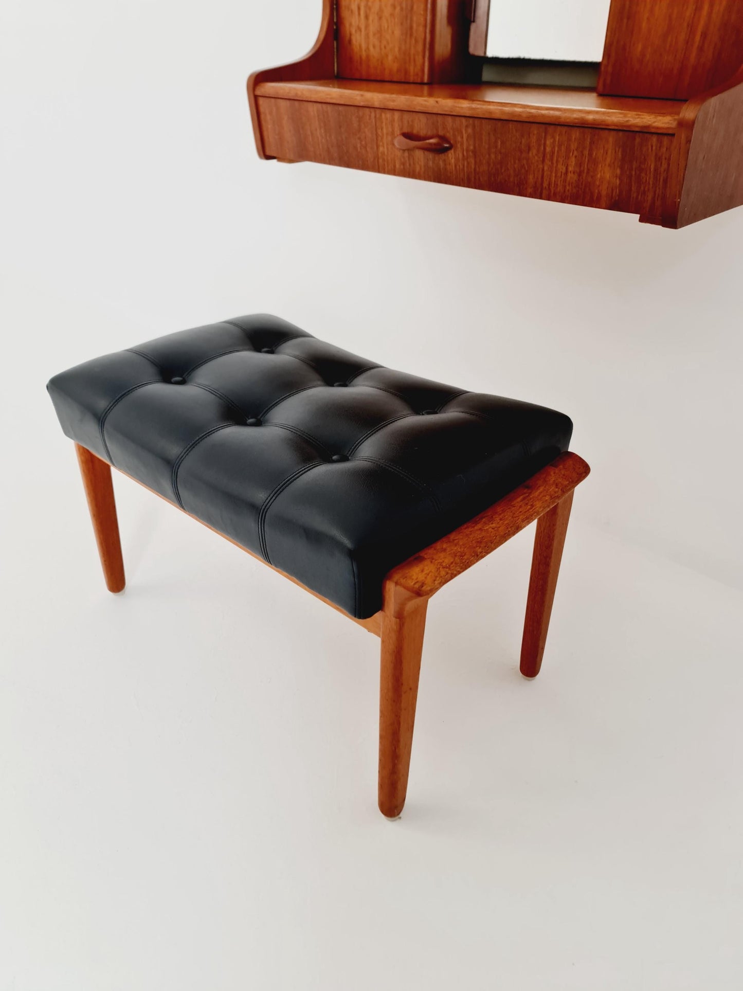 Mid Century Modern Danish Teak vanity hanging table with stool make up table by Fröseke for AB nybrofabriken, 1960s