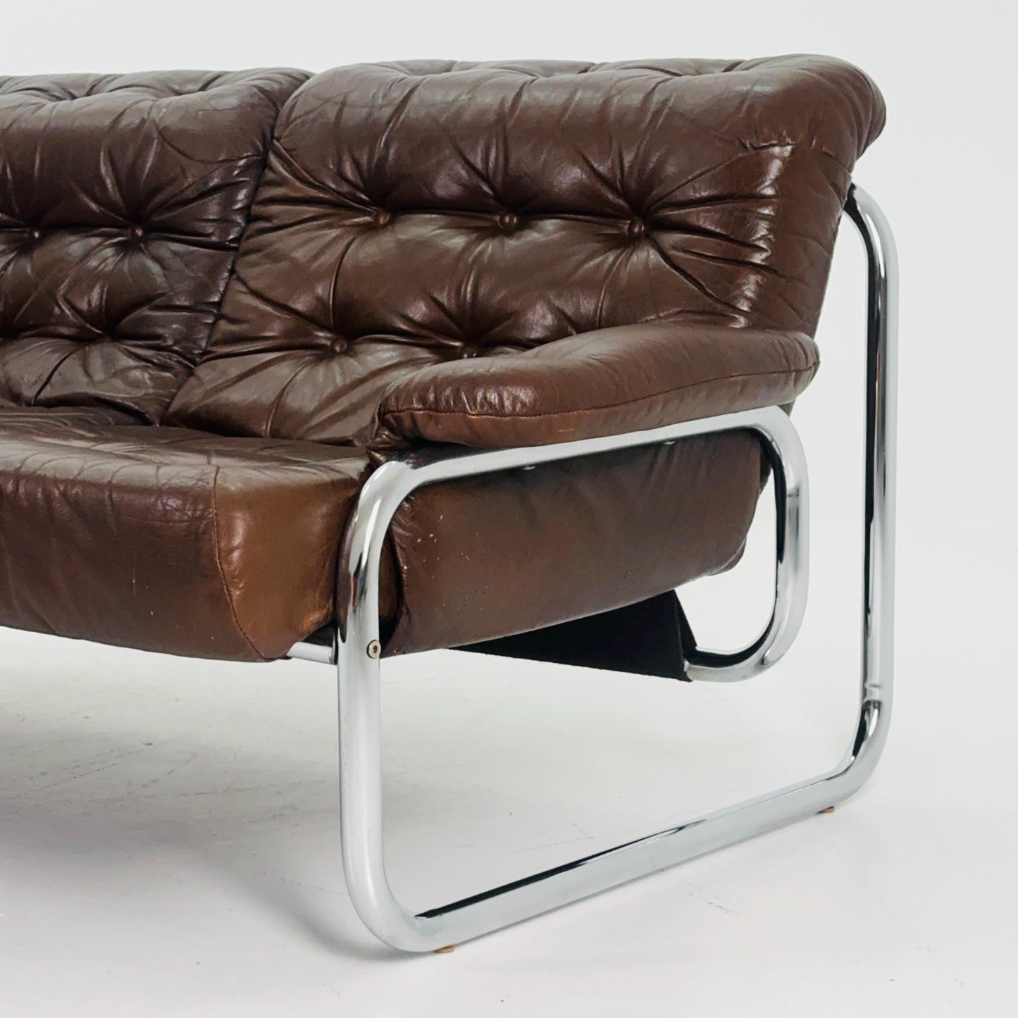 Mid century 2-Seater / tubular frame brown leather sofa "BORKUM" by Johan Bertil Häggström for Ikea 1970s