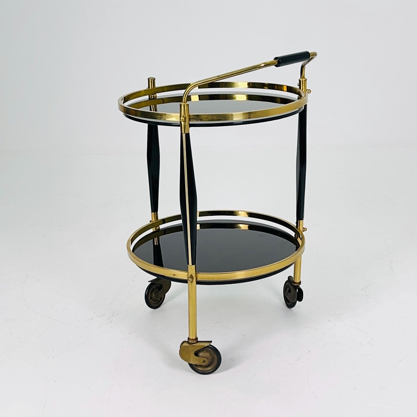 Mid-Century Brass & Black Glass Round Trolley — Germany, 1970s | Elegant Vintage Bar Cart