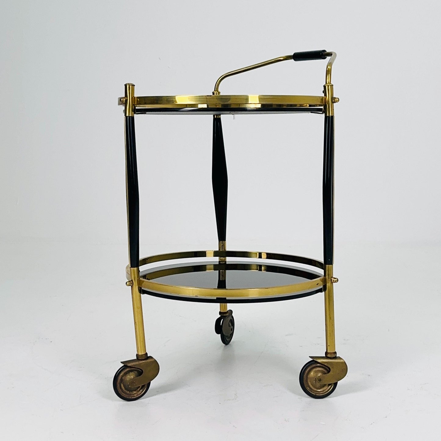 Mid-Century Brass & Black Glass Round Trolley — Germany, 1970s | Elegant Vintage Bar Cart