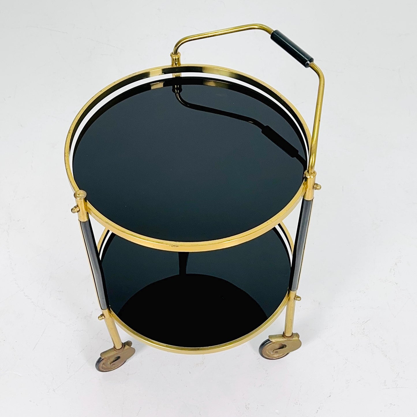 Mid-Century Brass & Black Glass Round Trolley — Germany, 1970s | Elegant Vintage Bar Cart