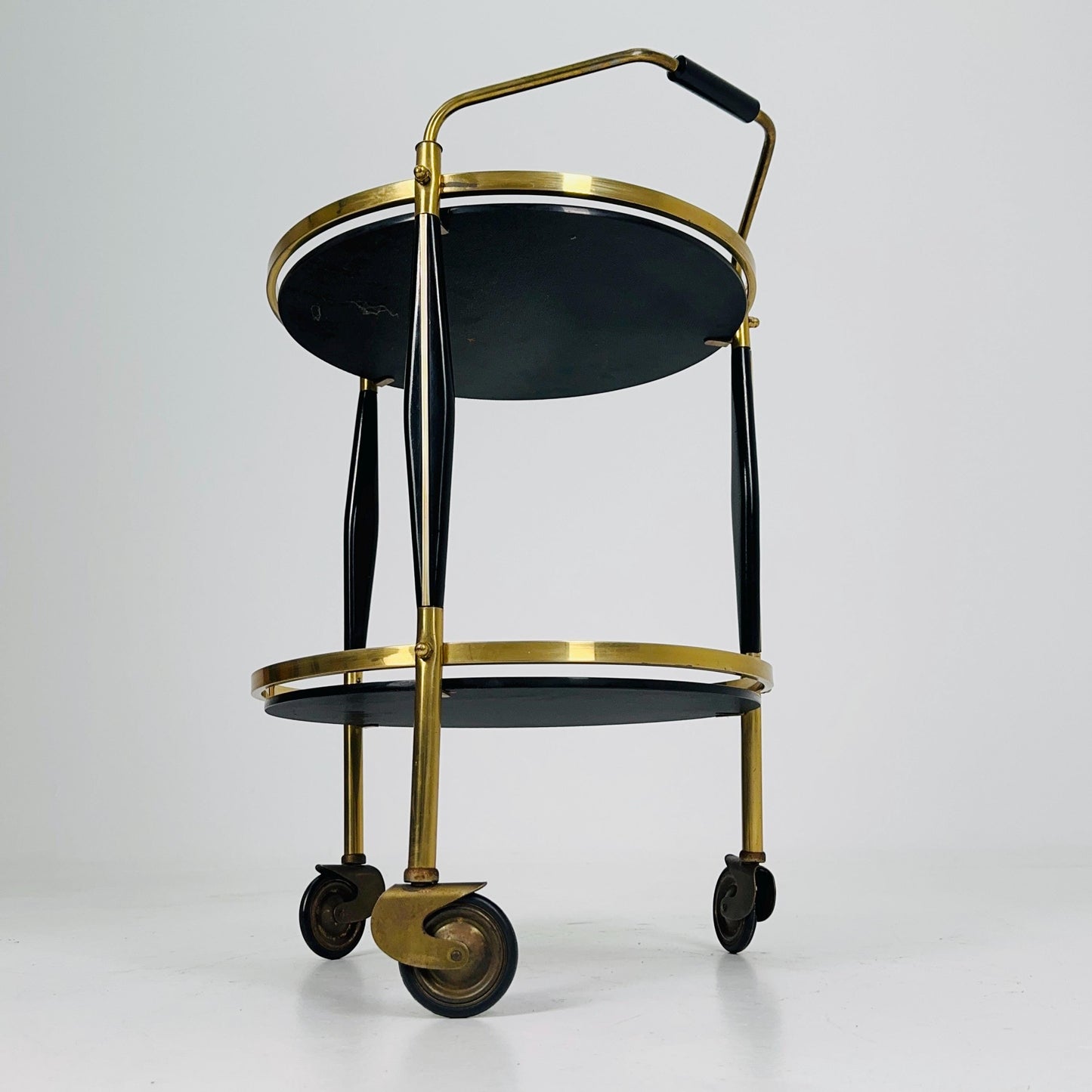 Mid-Century Brass & Black Glass Round Trolley — Germany, 1970s | Elegant Vintage Bar Cart