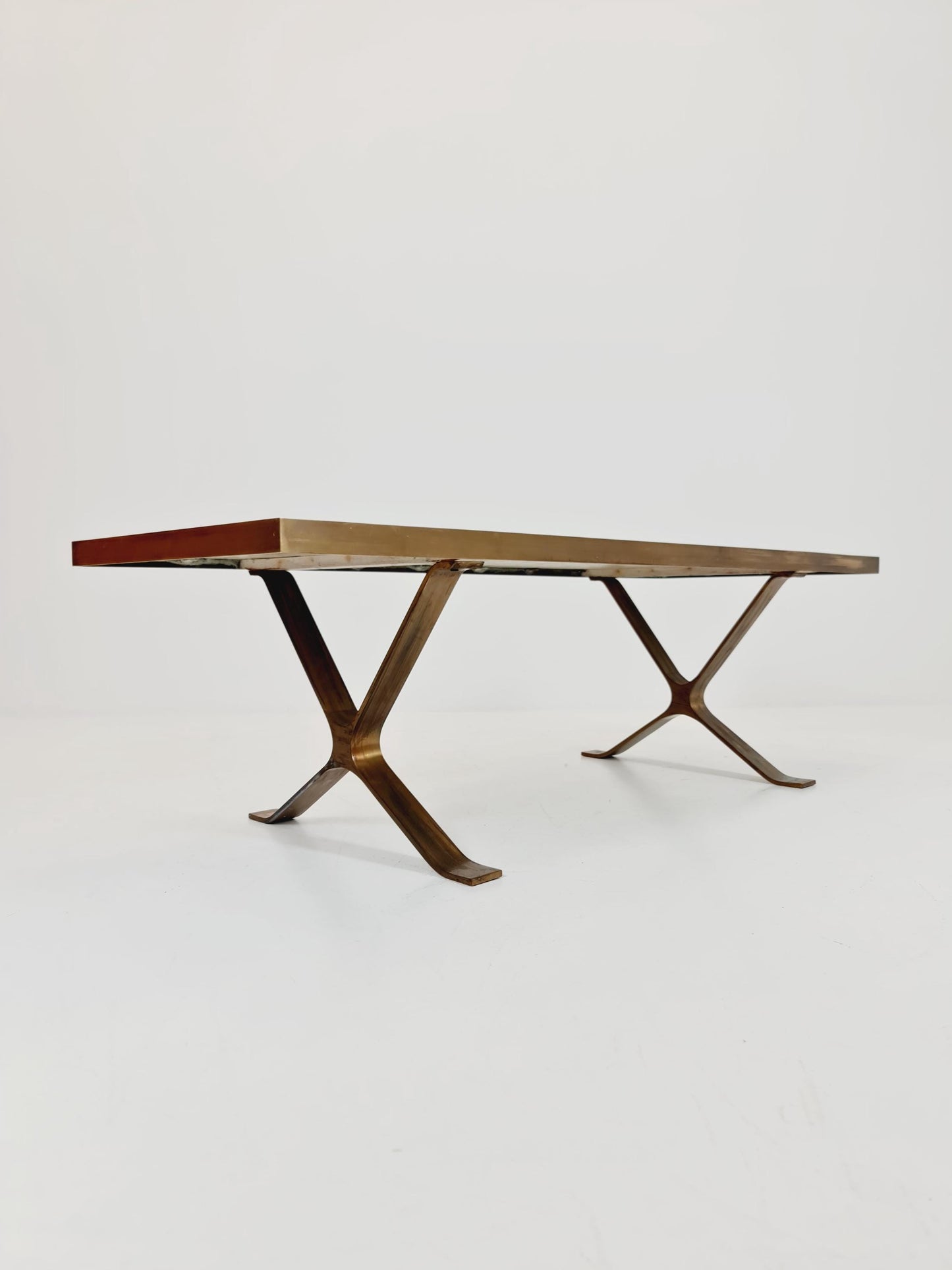 Super Rare vintage lapis Lazuli ,Brass coffee table with X legs from the 60s