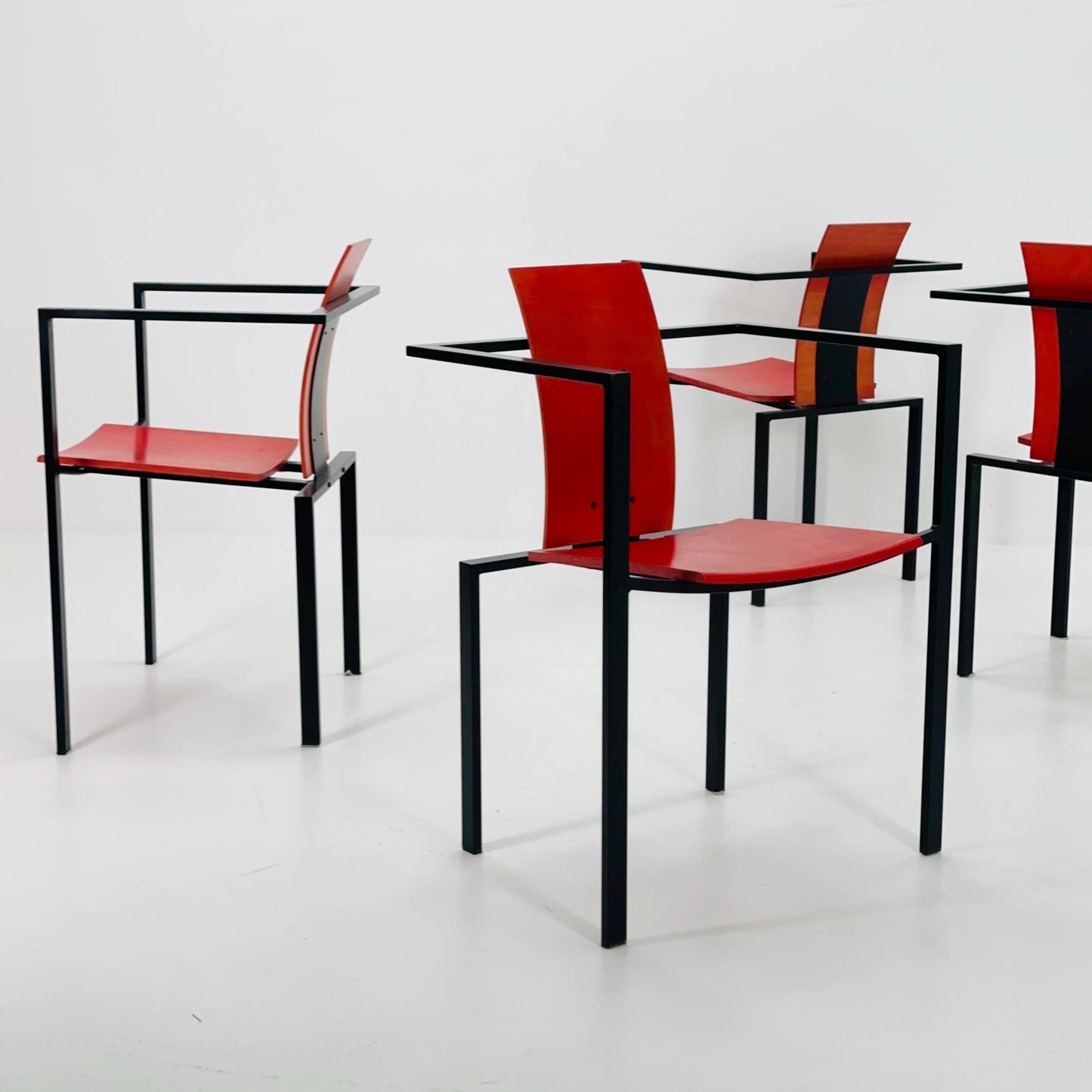 Set of 6 Postmodern Armchairs by Karl Friedrich Förster, Red Plywood & Steel, 1980s Germany