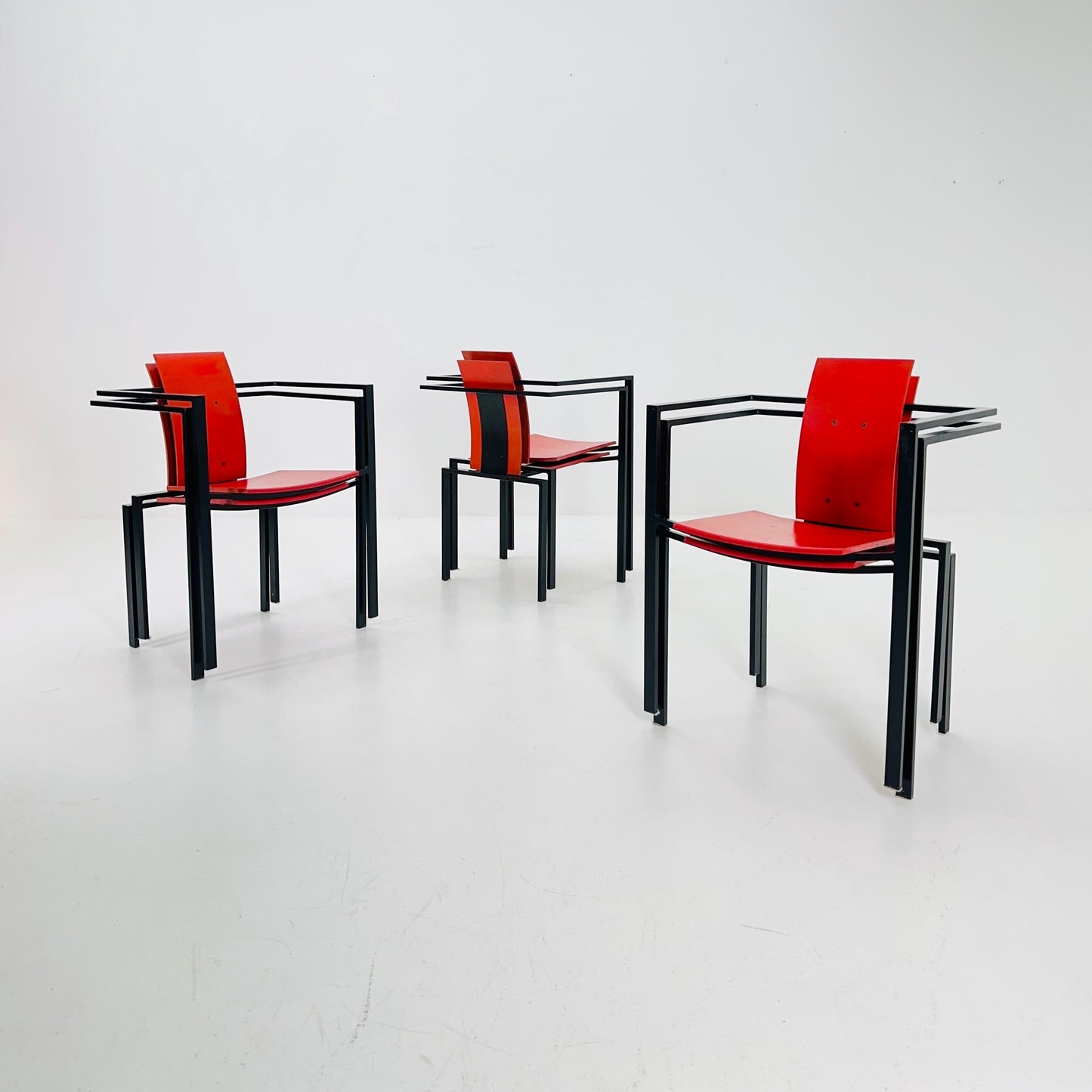 Set of 6 Postmodern Armchairs by Karl Friedrich Förster, Red Plywood & Steel, 1980s Germany