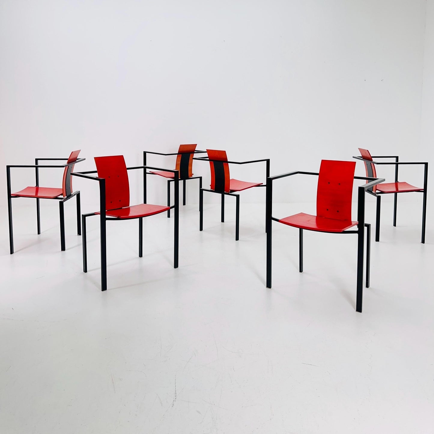 Set of 6 Postmodern Armchairs by Karl Friedrich Förster, Red Plywood & Steel, 1980s Germany