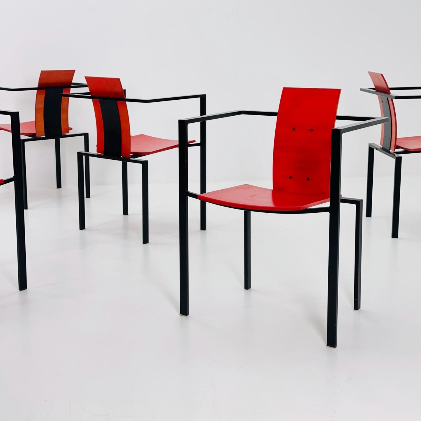 Set of 6 Postmodern Armchairs by Karl Friedrich Förster, Red Plywood & Steel, 1980s Germany
