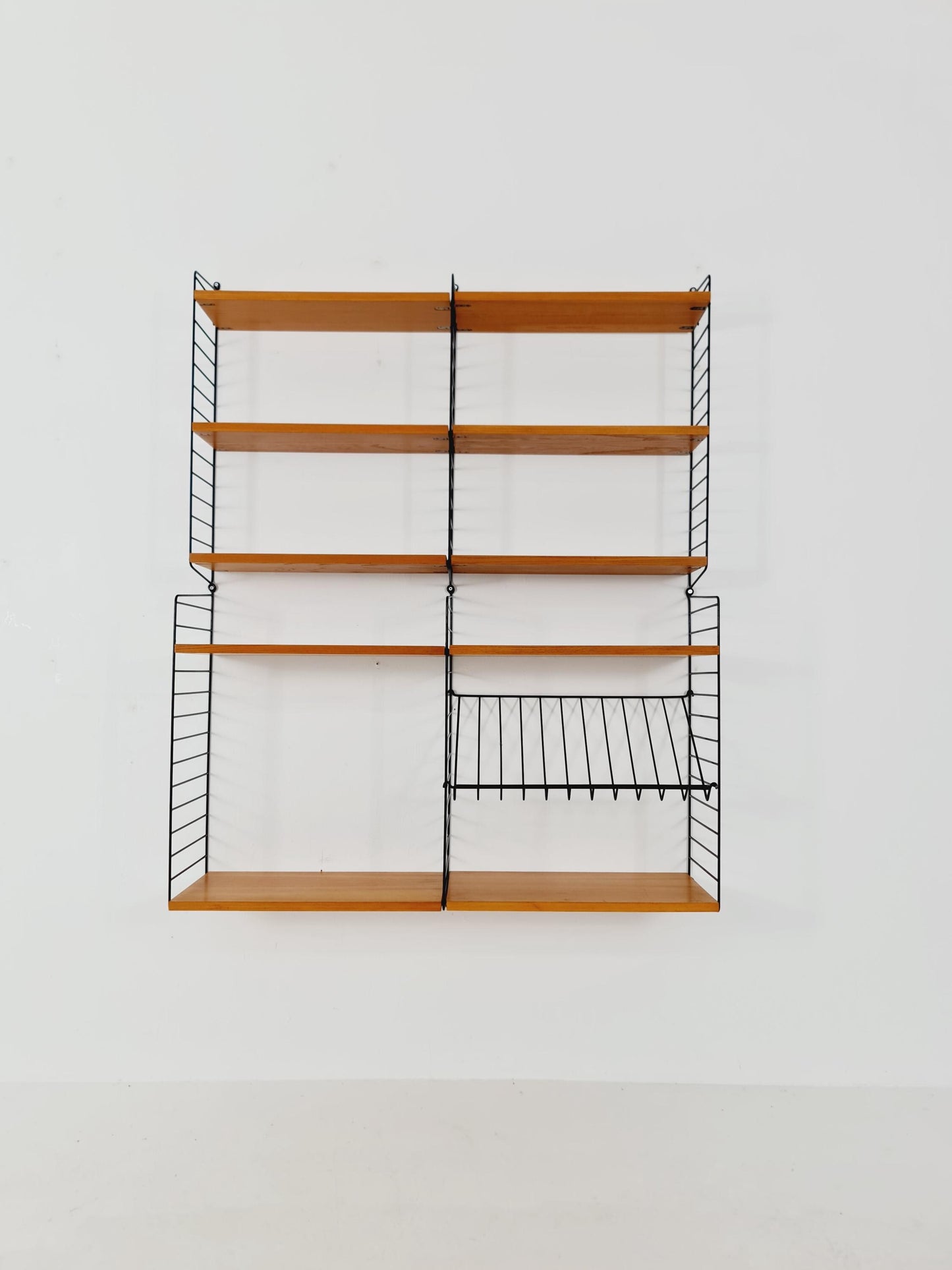 Wall-mounted original Teak Swedish string shelf-system, drawers, bookcase teak by Nils & Kajsa Strinning, 1960s