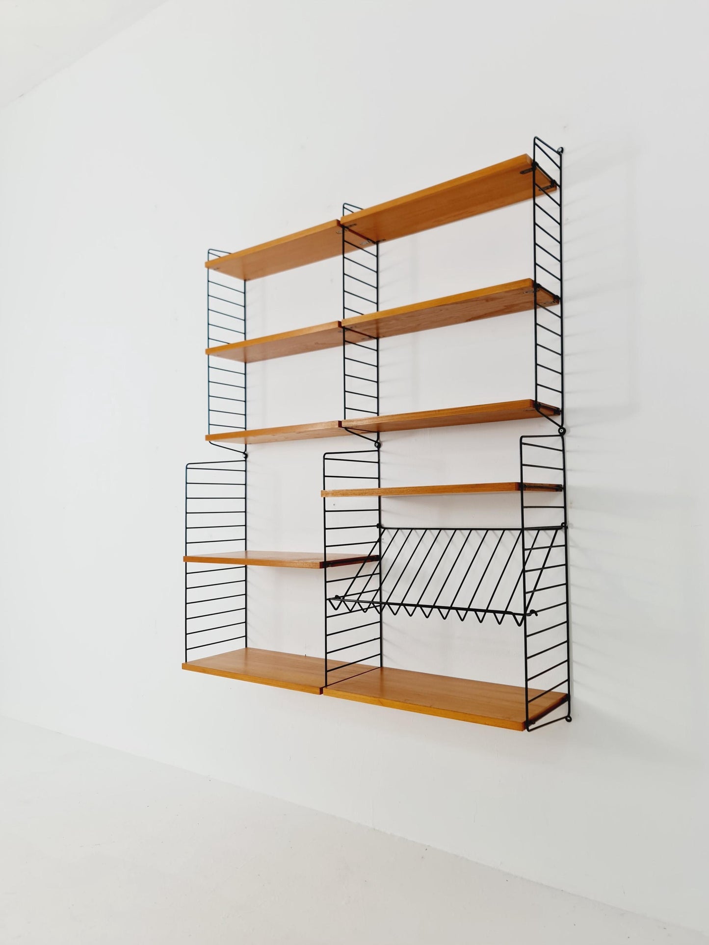 Wall-mounted original Teak Swedish string shelf-system, drawers, bookcase teak by Nils & Kajsa Strinning, 1960s