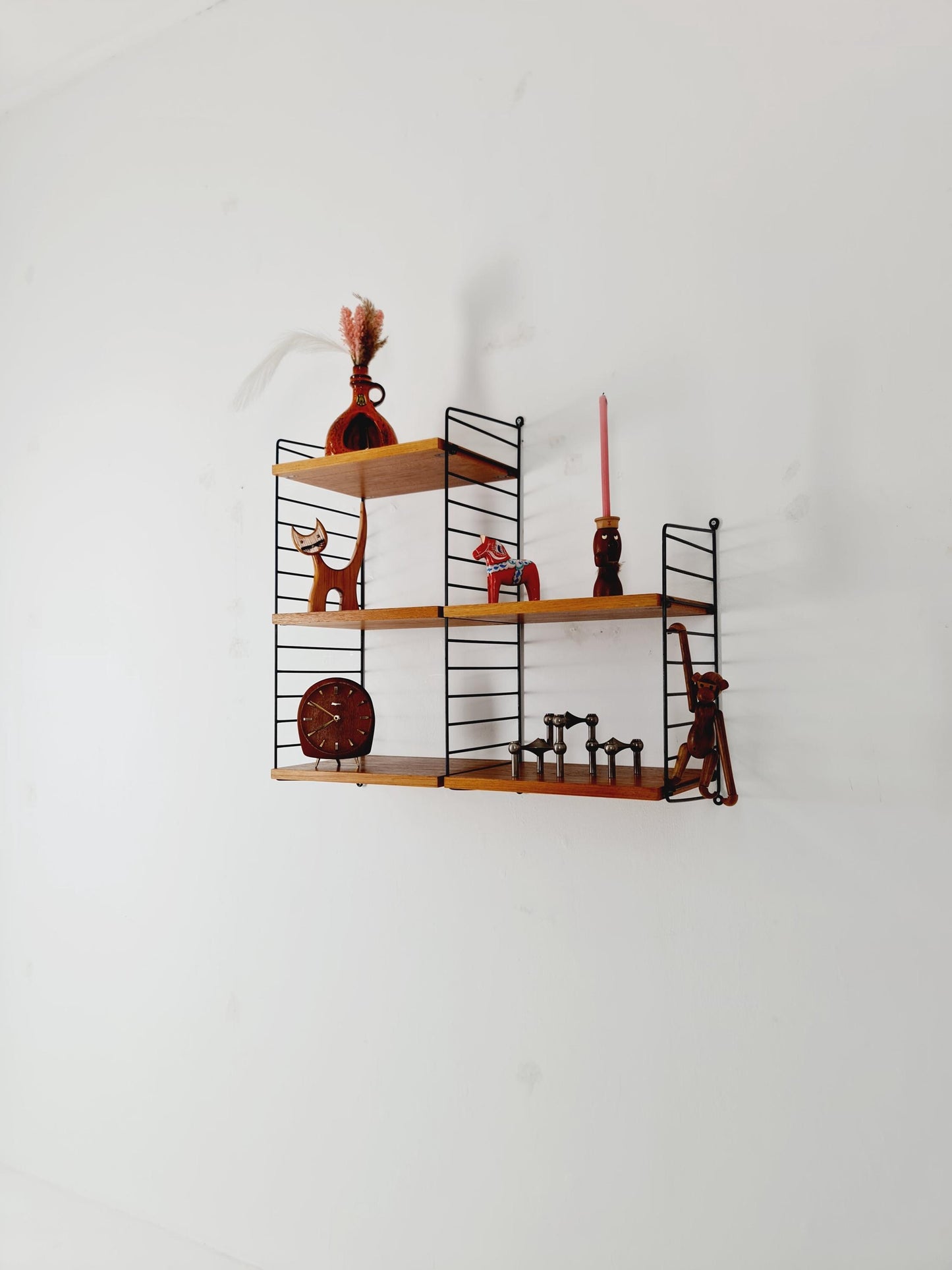 Original MCM Teak shelving system - consists of Black lacquered metal ladders, from string Stockholm 1960s