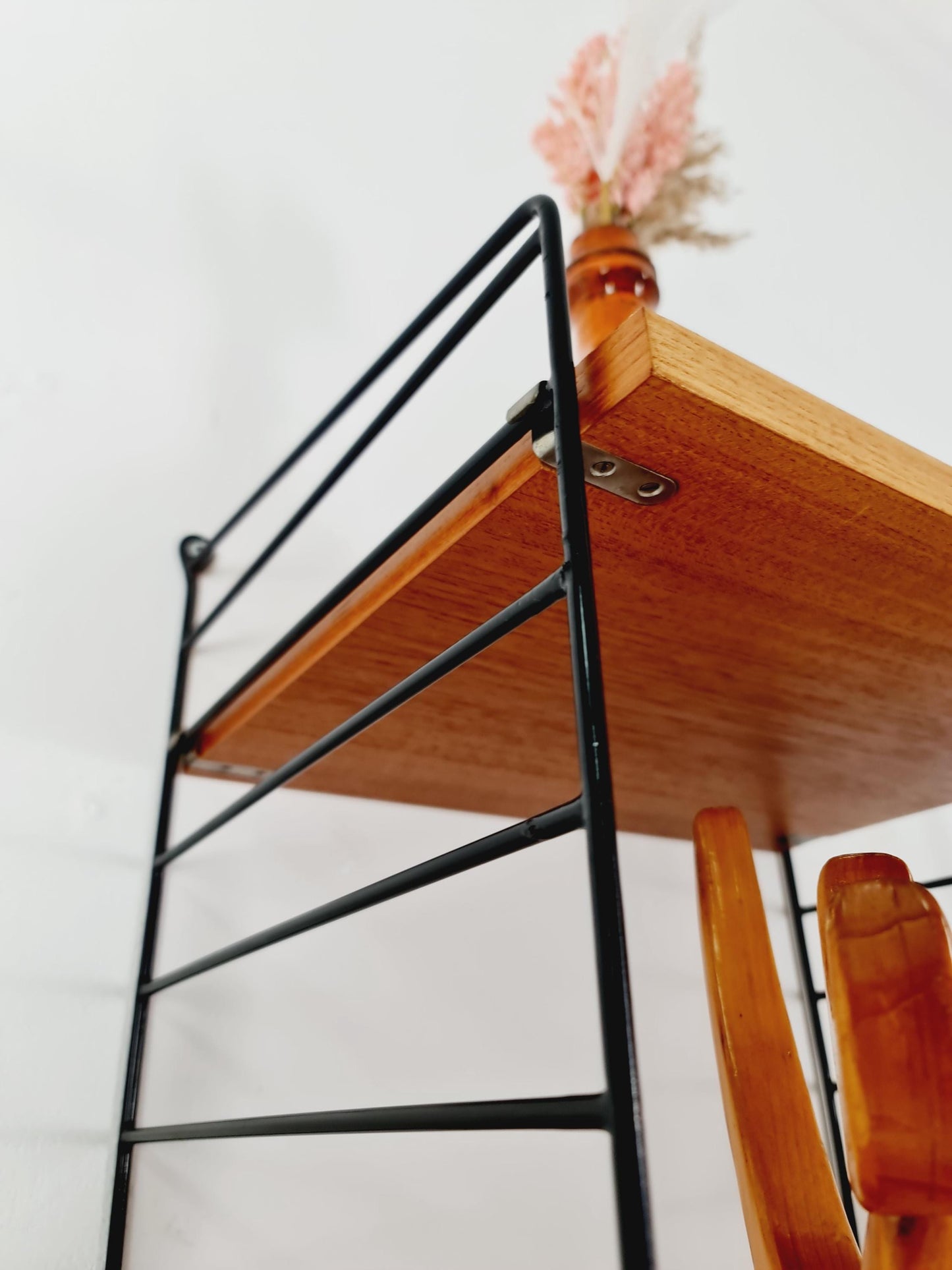 Original MCM Teak shelving system - consists of Black lacquered metal ladders, from string Stockholm 1960s