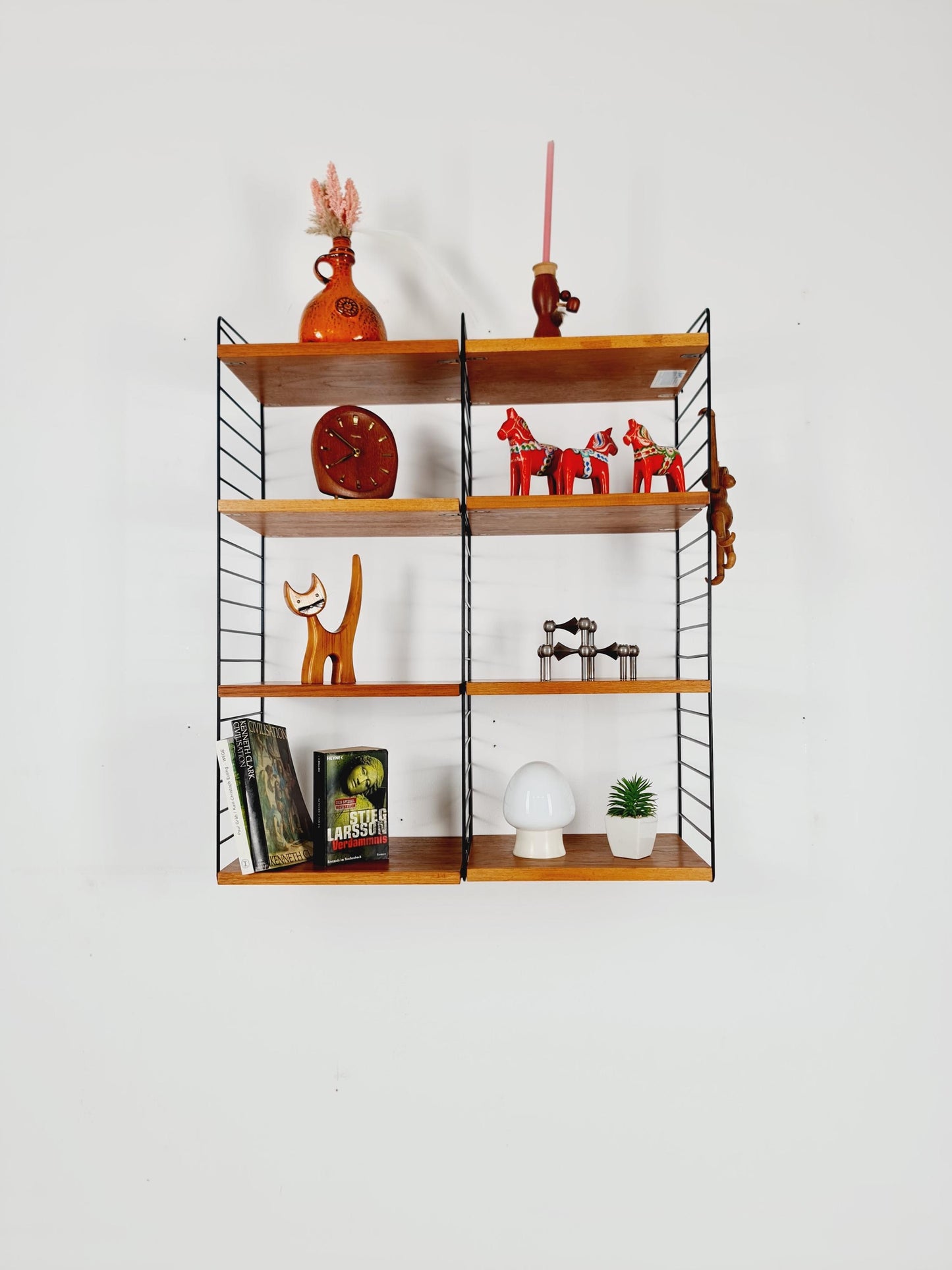 Original MCM Teak shelving system - consists of Black lacquered metal ladders, from string Stockholm 1960s