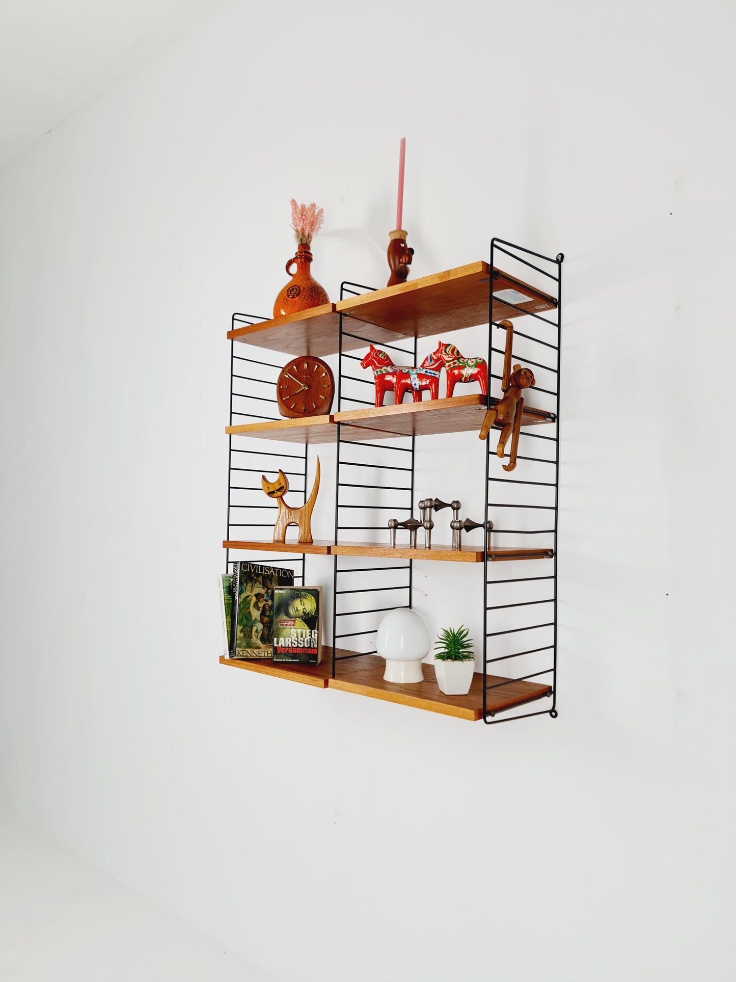Original MCM Teak shelving system - consists of Black lacquered metal ladders, from string Stockholm 1960s
