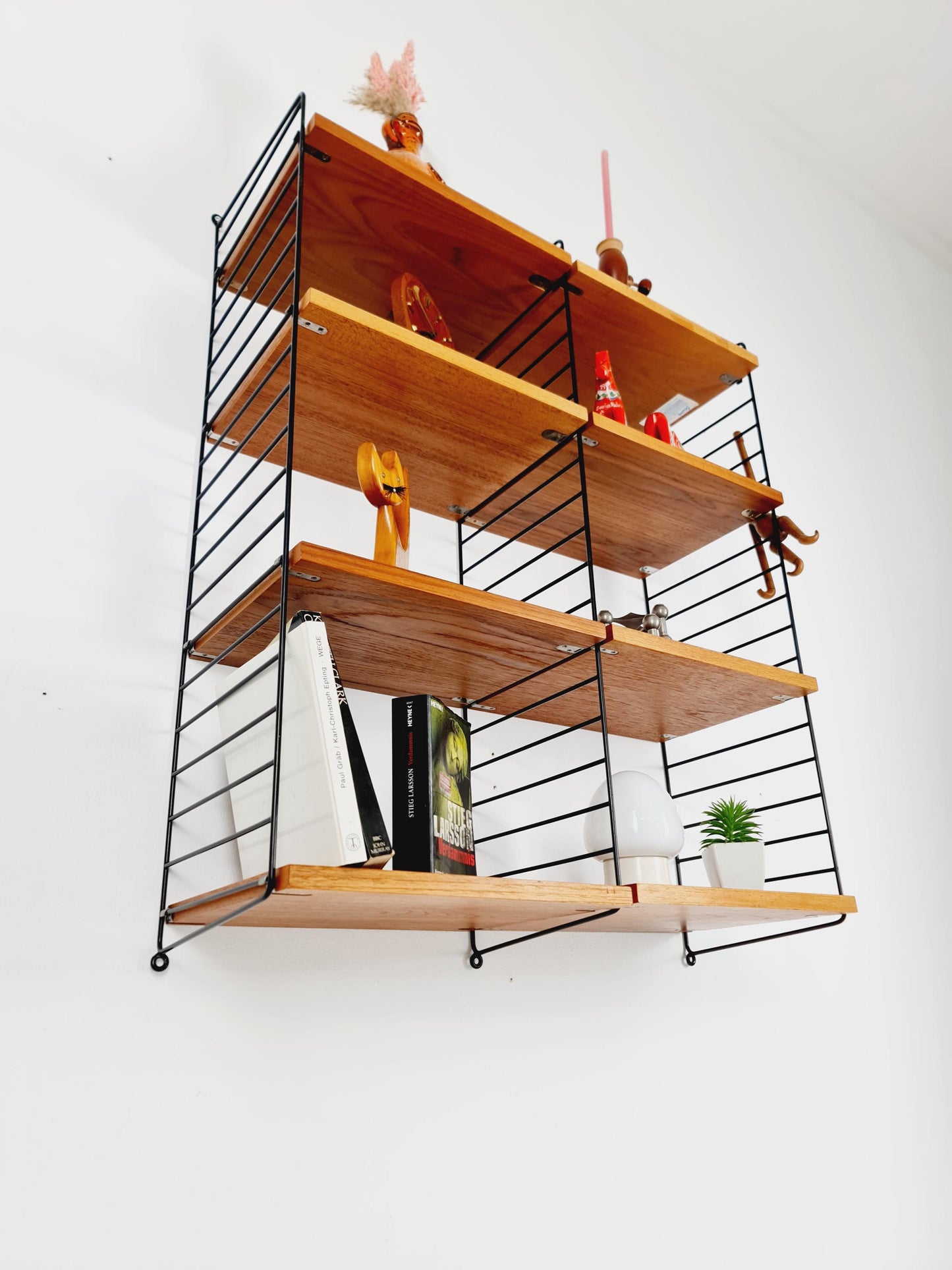 Original MCM Teak shelving system - consists of Black lacquered metal ladders, from string Stockholm 1960s