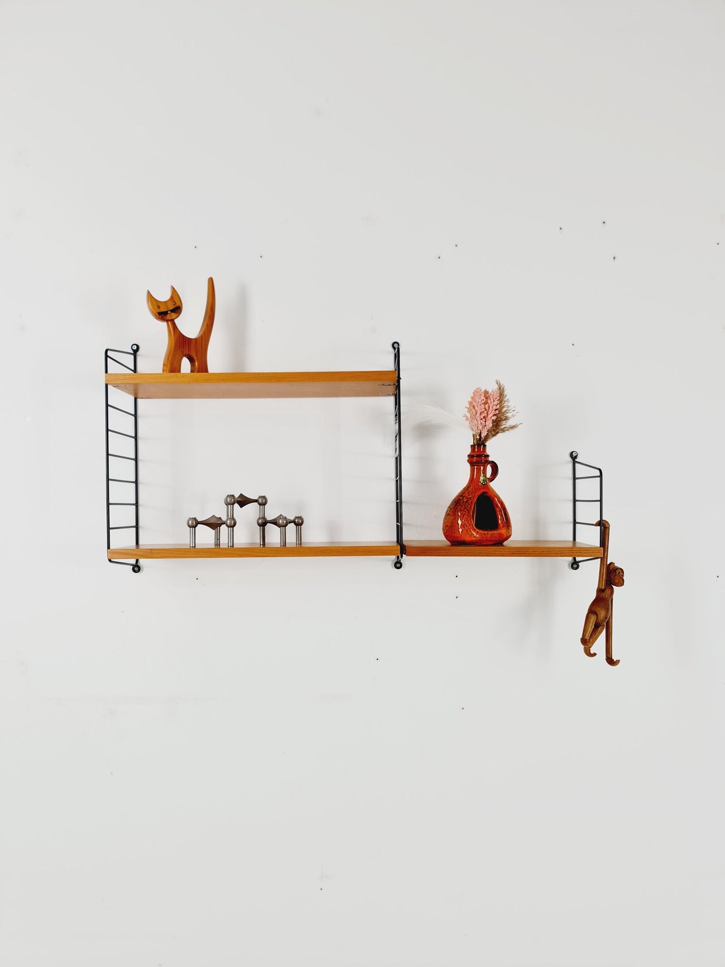 Original MCM Ash shelving system - consists of Black lacquered metal ladders, from string Stockholm 1960s